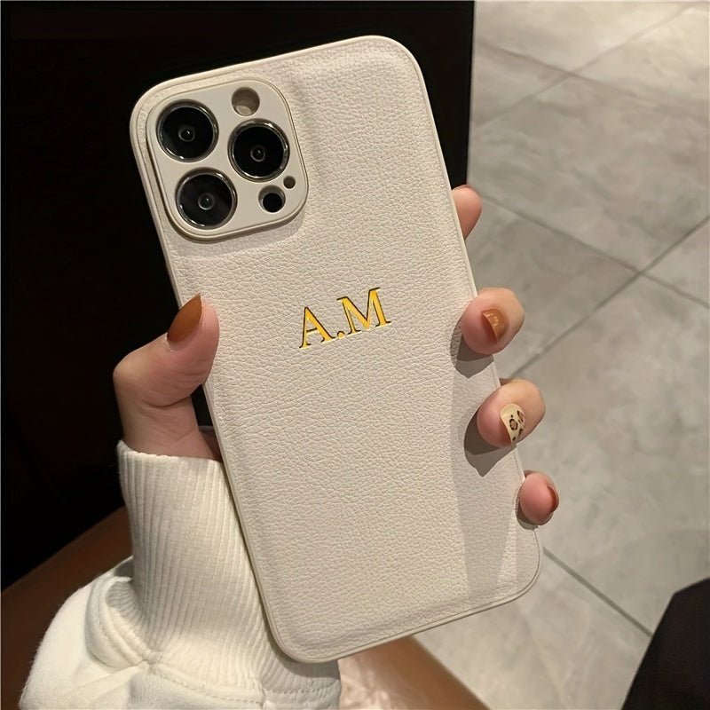 Customized Mobile Phone Case for iPhone 16 15 14 13 12 11 Pro Max 15 14 Plus - Personalized Name Initials with 3D Relief Hollow Golden Hot Stamping, Luxury INS Korean Lychee Pattern Faux Leather - Perfect Gift for iPhone 16 Pro Max - Nine 11