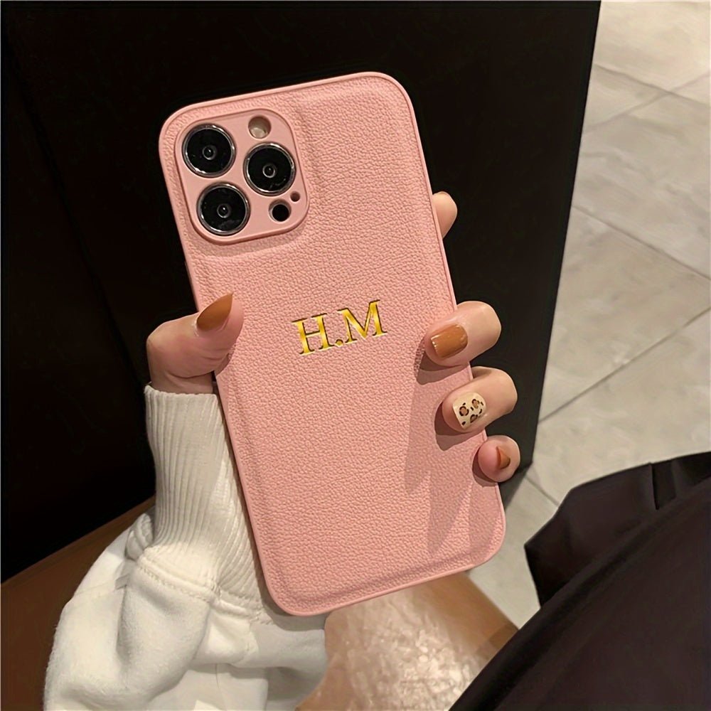 Customized Mobile Phone Case for iPhone 16 15 14 13 12 11 Pro Max 15 14 Plus - Personalized Name Initials with 3D Relief Hollow Golden Hot Stamping, Luxury INS Korean Lychee Pattern Faux Leather - Perfect Gift for iPhone 16 Pro Max - Nine 11