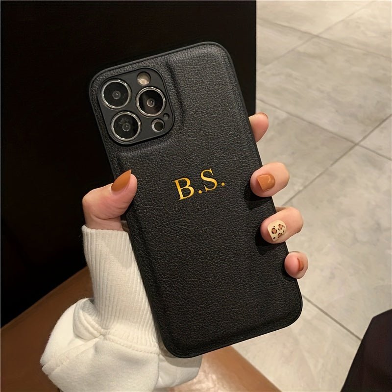 Customized Mobile Phone Case for iPhone 16 15 14 13 12 11 Pro Max 15 14 Plus - Personalized Name Initials with 3D Relief Hollow Golden Hot Stamping, Luxury INS Korean Lychee Pattern Faux Leather - Perfect Gift for iPhone 16 Pro Max - Nine 11