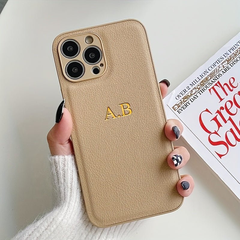 Customized Mobile Phone Case for iPhone 16 15 14 13 12 11 Pro Max 15 14 Plus - Personalized Name Initials with 3D Relief Hollow Golden Hot Stamping, Luxury INS Korean Lychee Pattern Faux Leather - Perfect Gift for iPhone 16 Pro Max - Nine 11