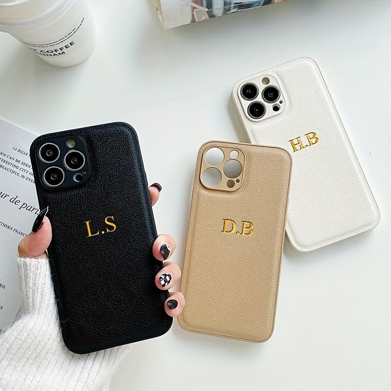 Customized Mobile Phone Case for iPhone 16 15 14 13 12 11 Pro Max 15 14 Plus - Personalized Name Initials with 3D Relief Hollow Golden Hot Stamping, Luxury INS Korean Lychee Pattern Faux Leather - Perfect Gift for iPhone 16 Pro Max - Nine 11