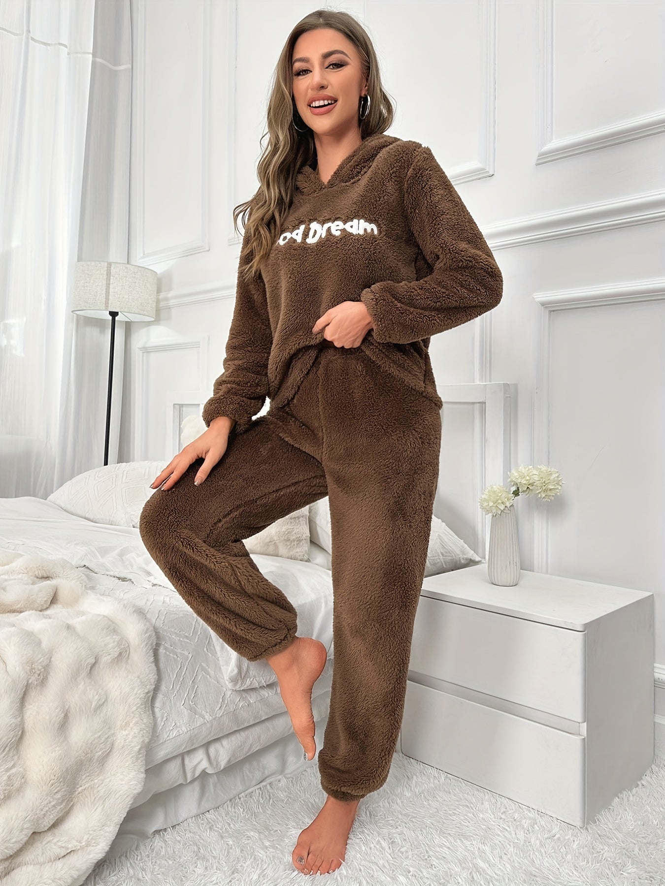 Letter Print Pajama Set, Long Sleeve Hooded Top & Elastic Waistband Pants, Women's Sleepwear & Loungewear Nine 11 - Nine 11