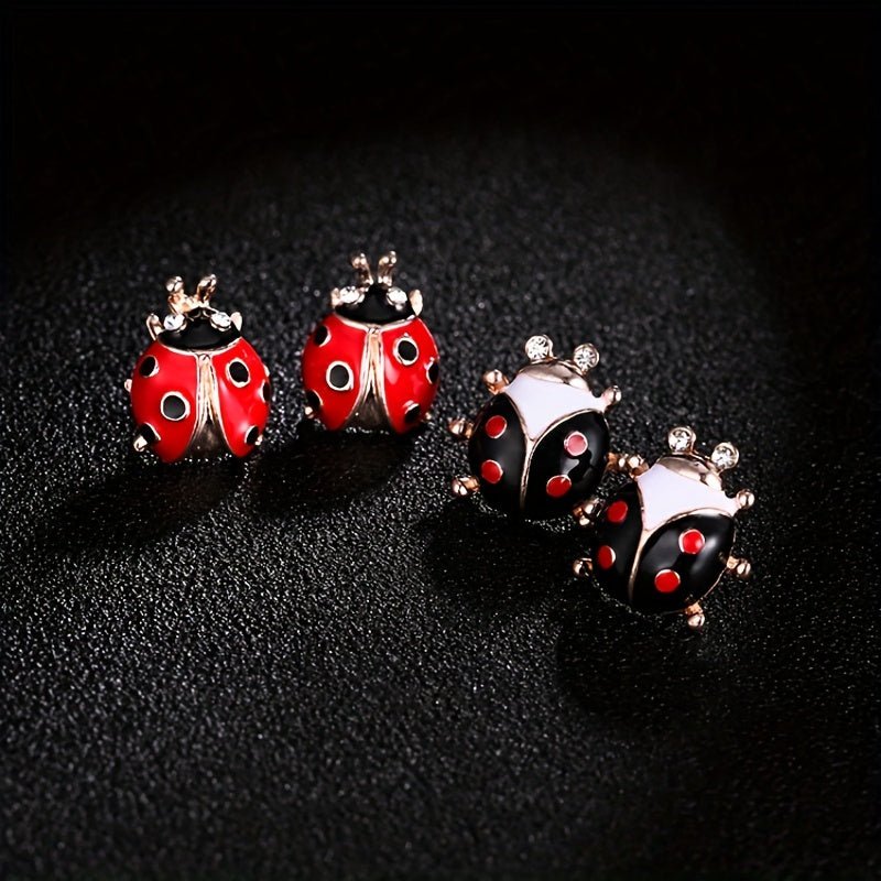 Nine 11 2pcs Red/ Black Ladybug Shape Alloy Earrings Animal Theme Versatile Ear Piercing Jewelry Set - Nine 11