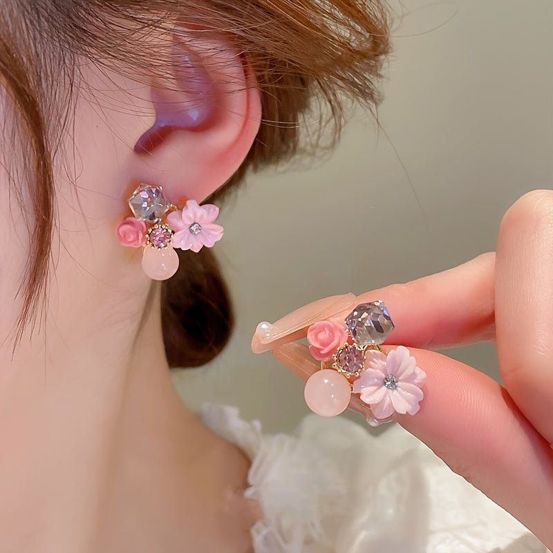 Nine 11 Artificial Crystal Flower Design Stud Earrings Spring Summer Style Suitable For Women Daily Dating Earrings - Nine 11