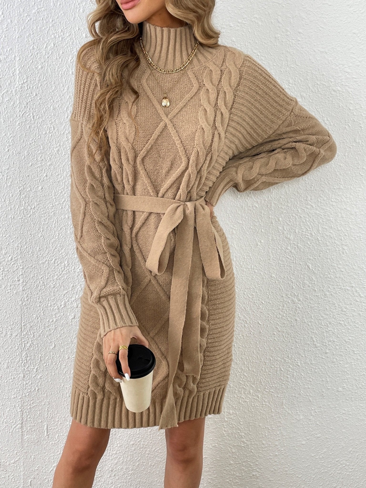 Nine 11 Cable Knit Sweater Dress, Casual High Neck Long Sleeve Dress, Women's Clothing - Nine 11