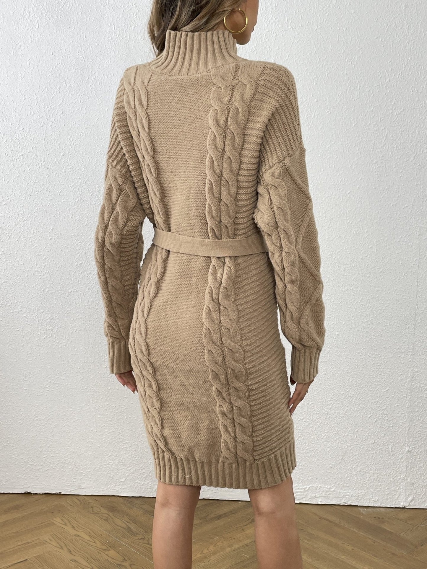 Nine 11 Cable Knit Sweater Dress, Casual High Neck Long Sleeve Dress, Women's Clothing - Nine 11