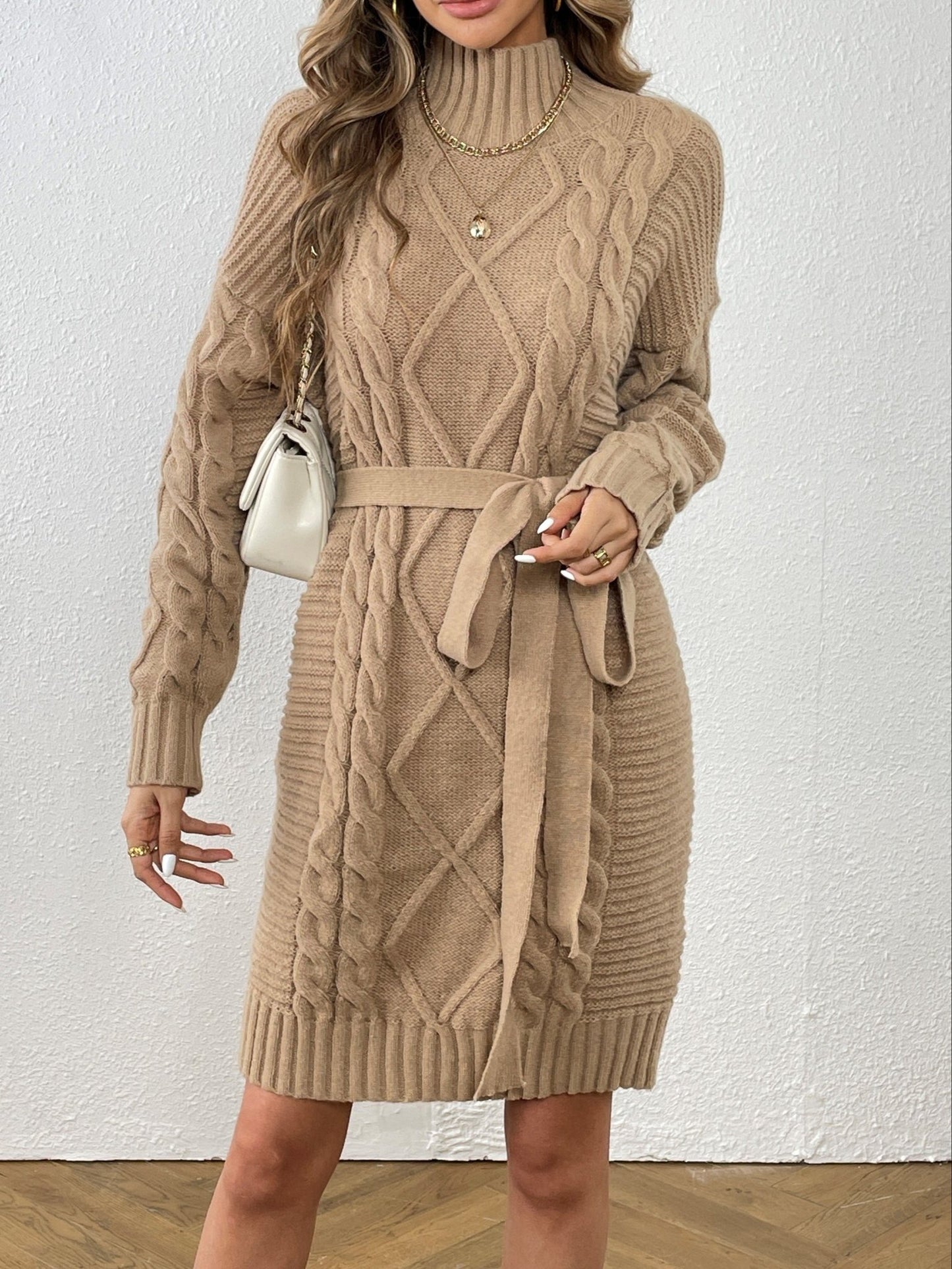 Nine 11 Cable Knit Sweater Dress, Casual High Neck Long Sleeve Dress, Women's Clothing - Nine 11