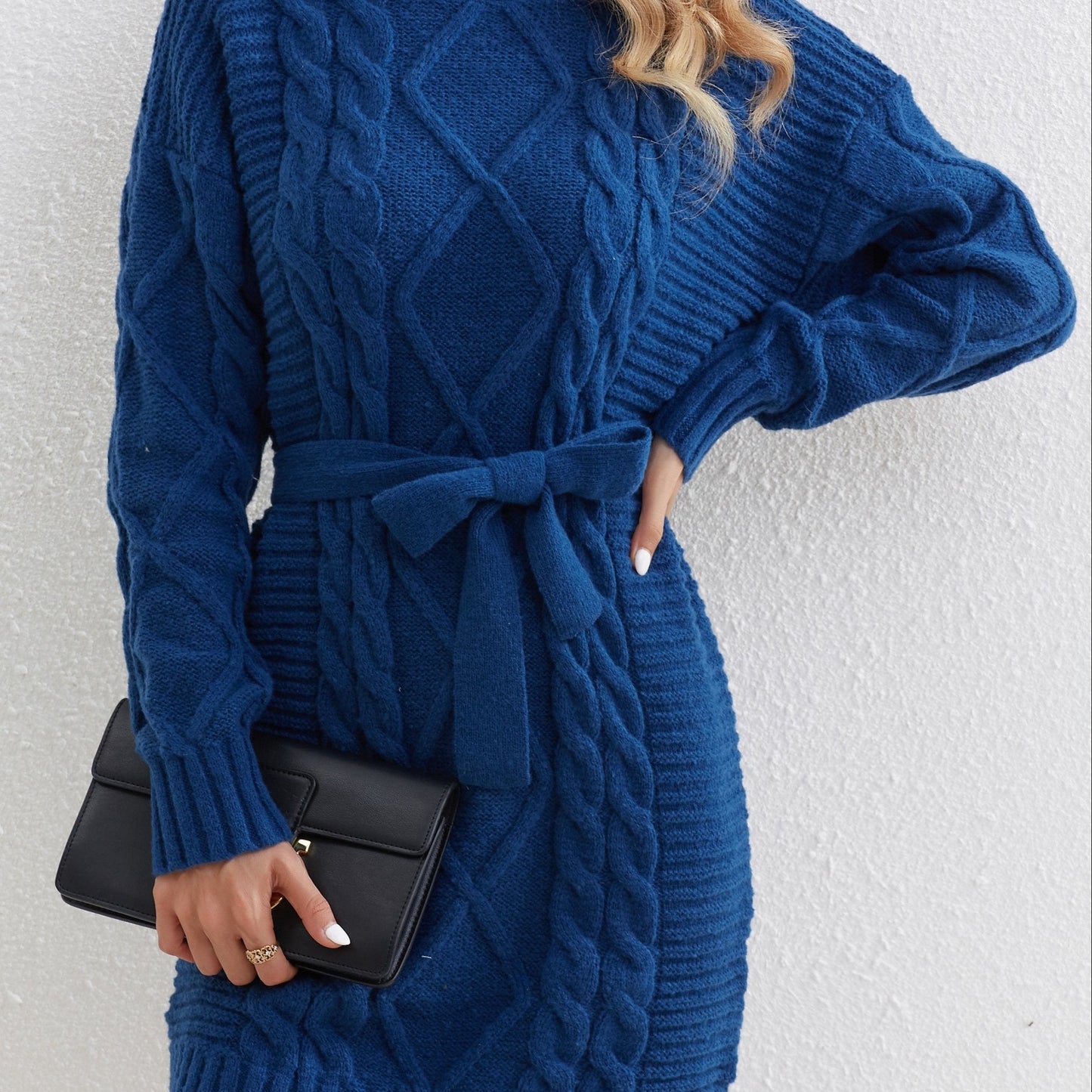 Nine 11 Cable Knit Sweater Dress, Casual High Neck Long Sleeve Dress, Women's Clothing - Nine 11