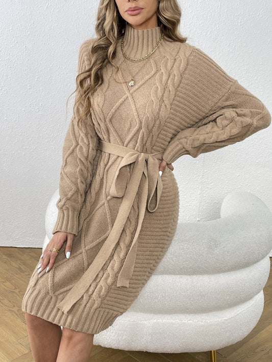 Nine 11 Cable Knit Sweater Dress, Casual High Neck Long Sleeve Dress, Women's Clothing - Nine 11