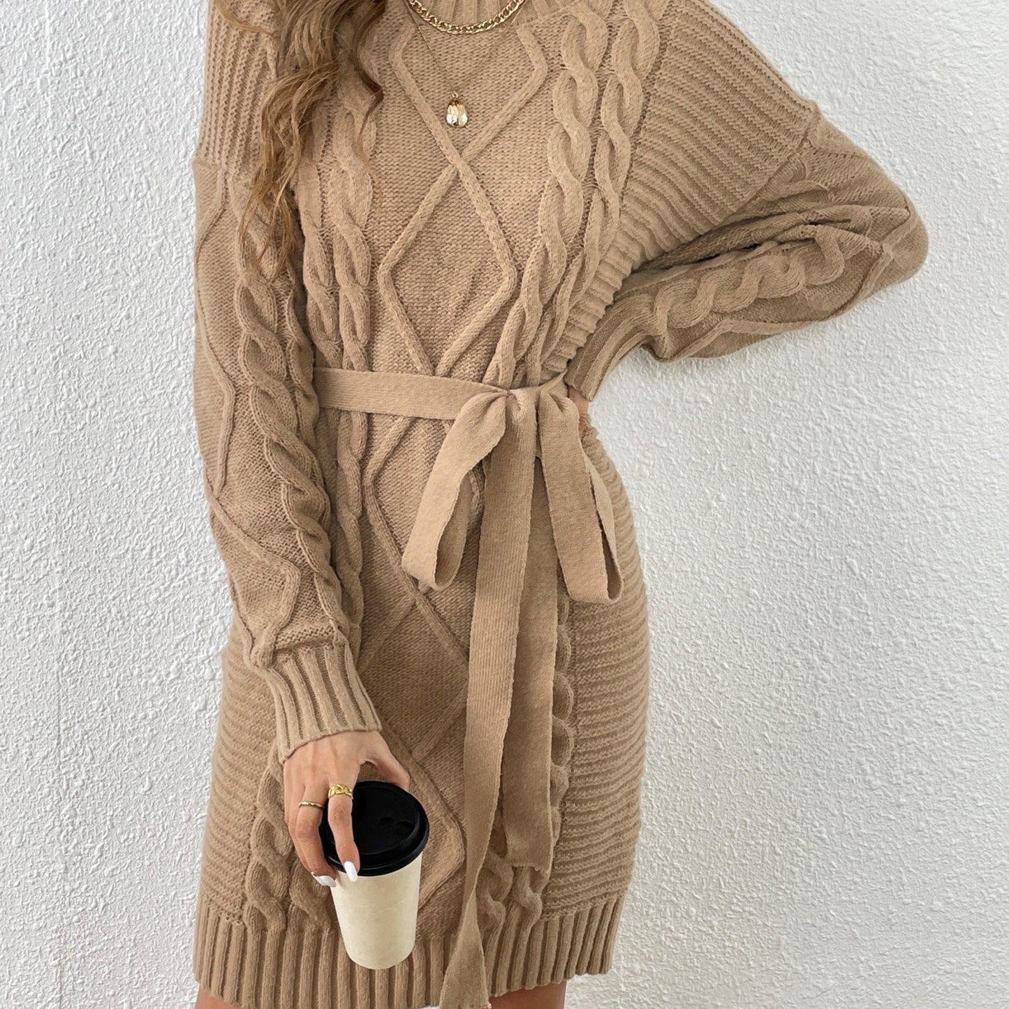 Nine 11 Cable Knit Sweater Dress, Casual High Neck Long Sleeve Dress, Women's Clothing - Nine 11