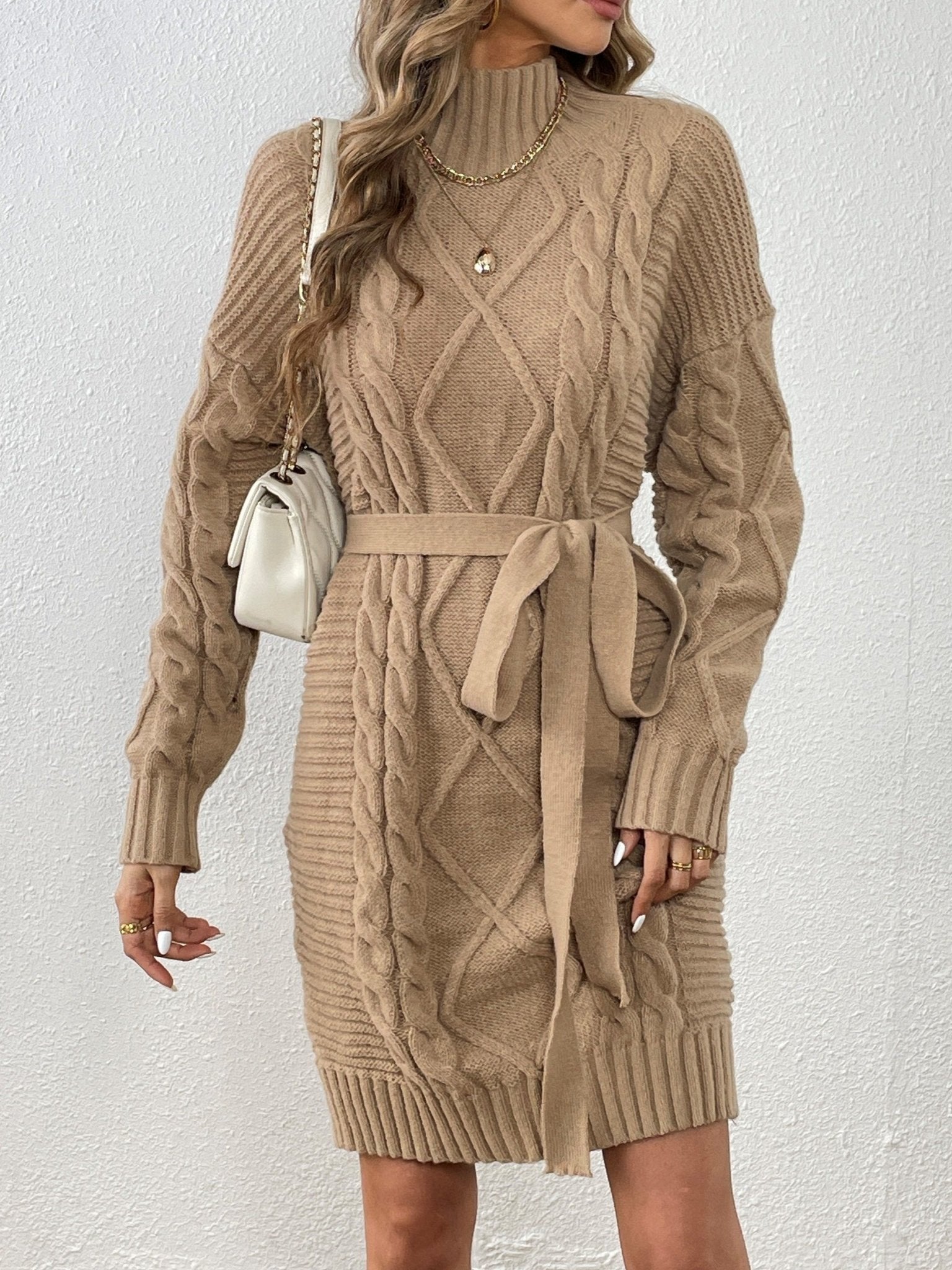 Nine 11 Cable Knit Sweater Dress, Casual High Neck Long Sleeve Dress, Women's Clothing - Nine 11