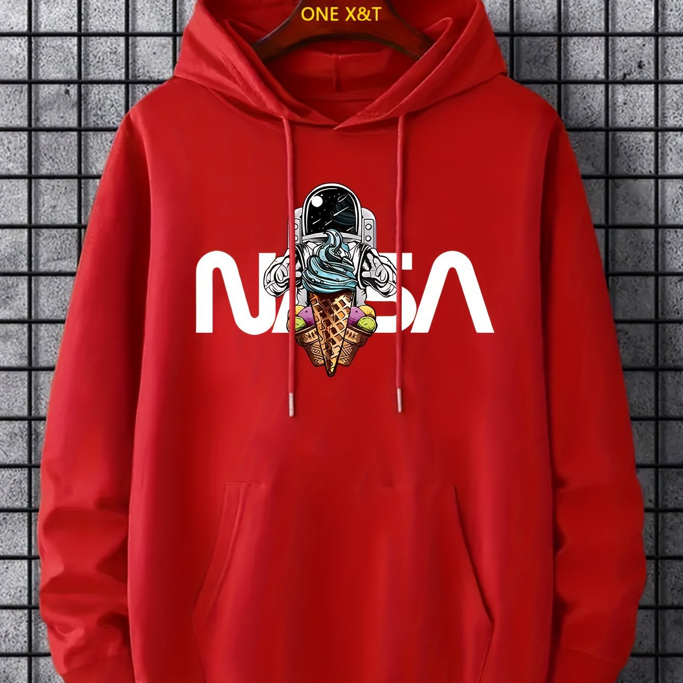 Nine 11 Cartoon Astronaut Pattern Hoodie With Kangaroo Pocket, Men's Casual Pullover Hooded Sweatshirt - Nine 11