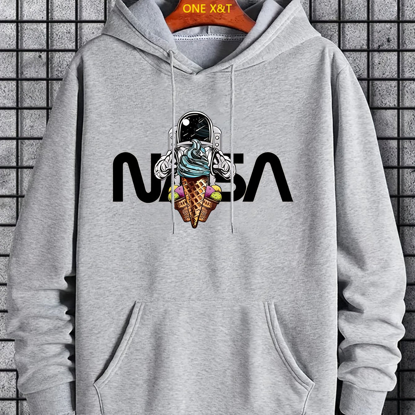 Nine 11 Cartoon Astronaut Pattern Hoodie With Kangaroo Pocket, Men's Casual Pullover Hooded Sweatshirt - Nine 11