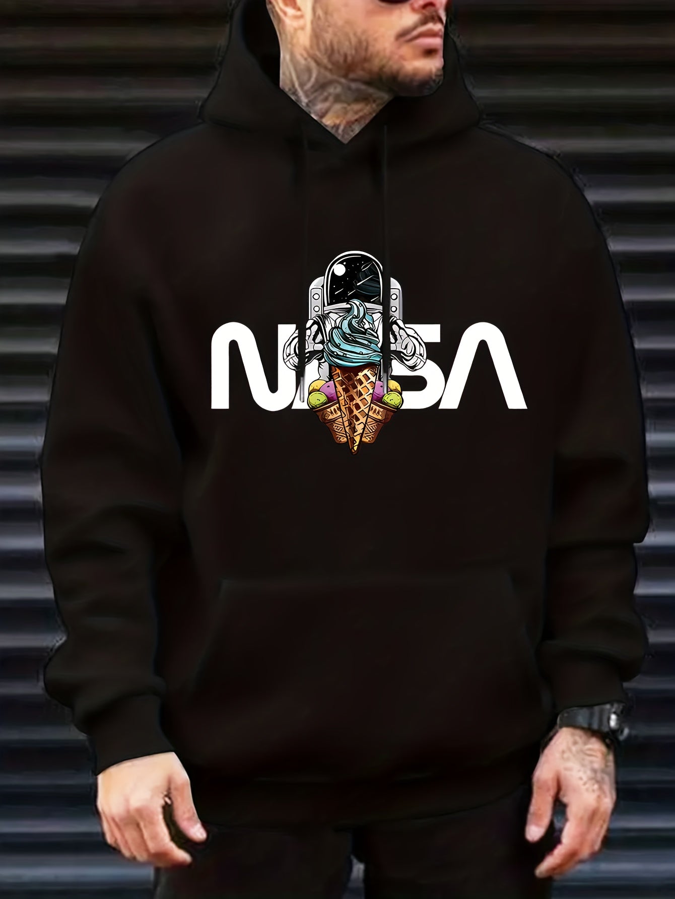 Nine 11 Cartoon Astronaut Pattern Hoodie With Kangaroo Pocket, Men's Casual Pullover Hooded Sweatshirt - Nine 11