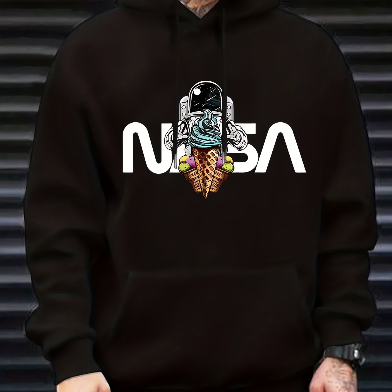 Nine 11 Cartoon Astronaut Pattern Hoodie With Kangaroo Pocket, Men's Casual Pullover Hooded Sweatshirt - Nine 11