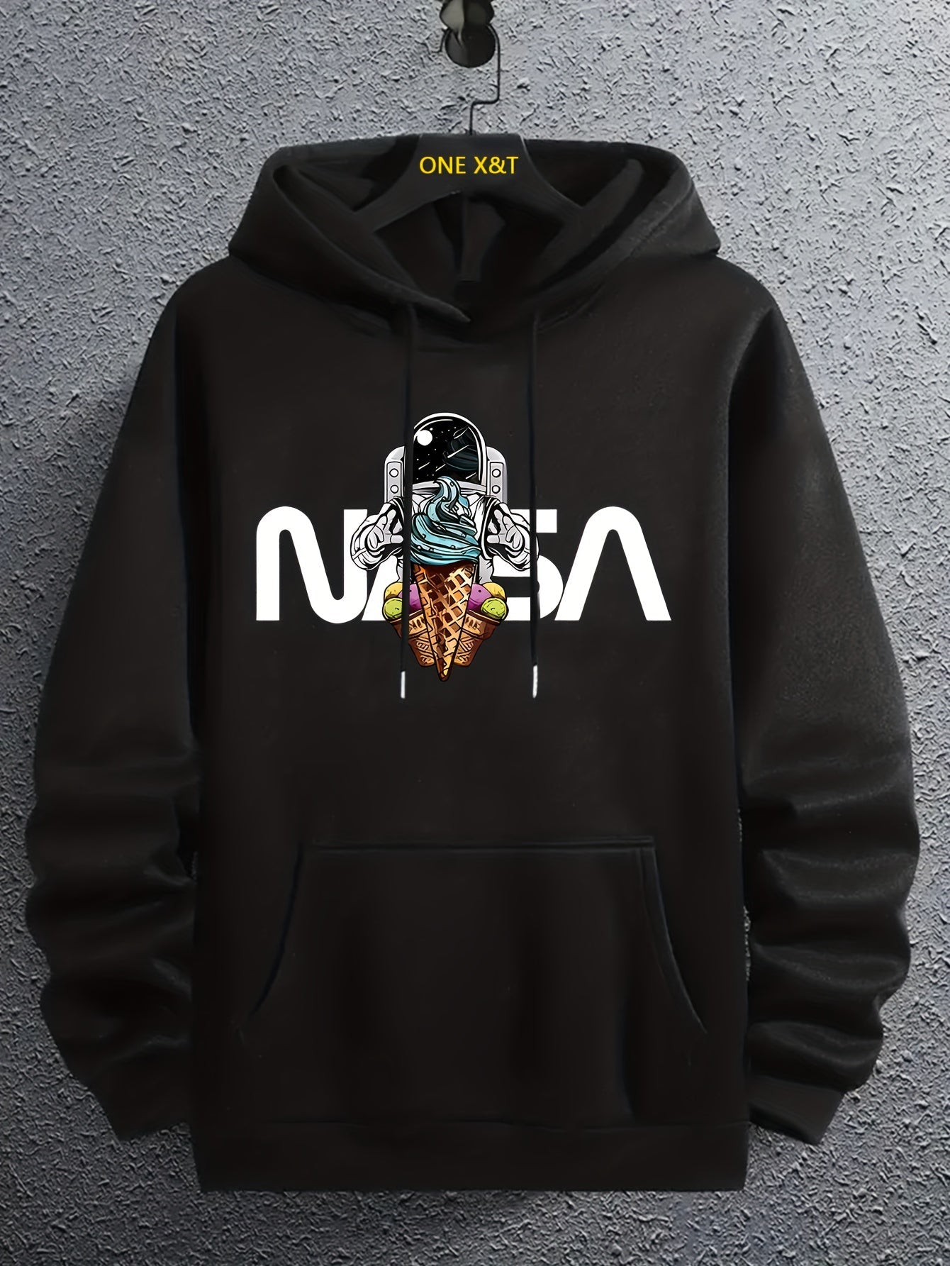 Nine 11 Cartoon Astronaut Pattern Hoodie With Kangaroo Pocket, Men's Casual Pullover Hooded Sweatshirt - Nine 11