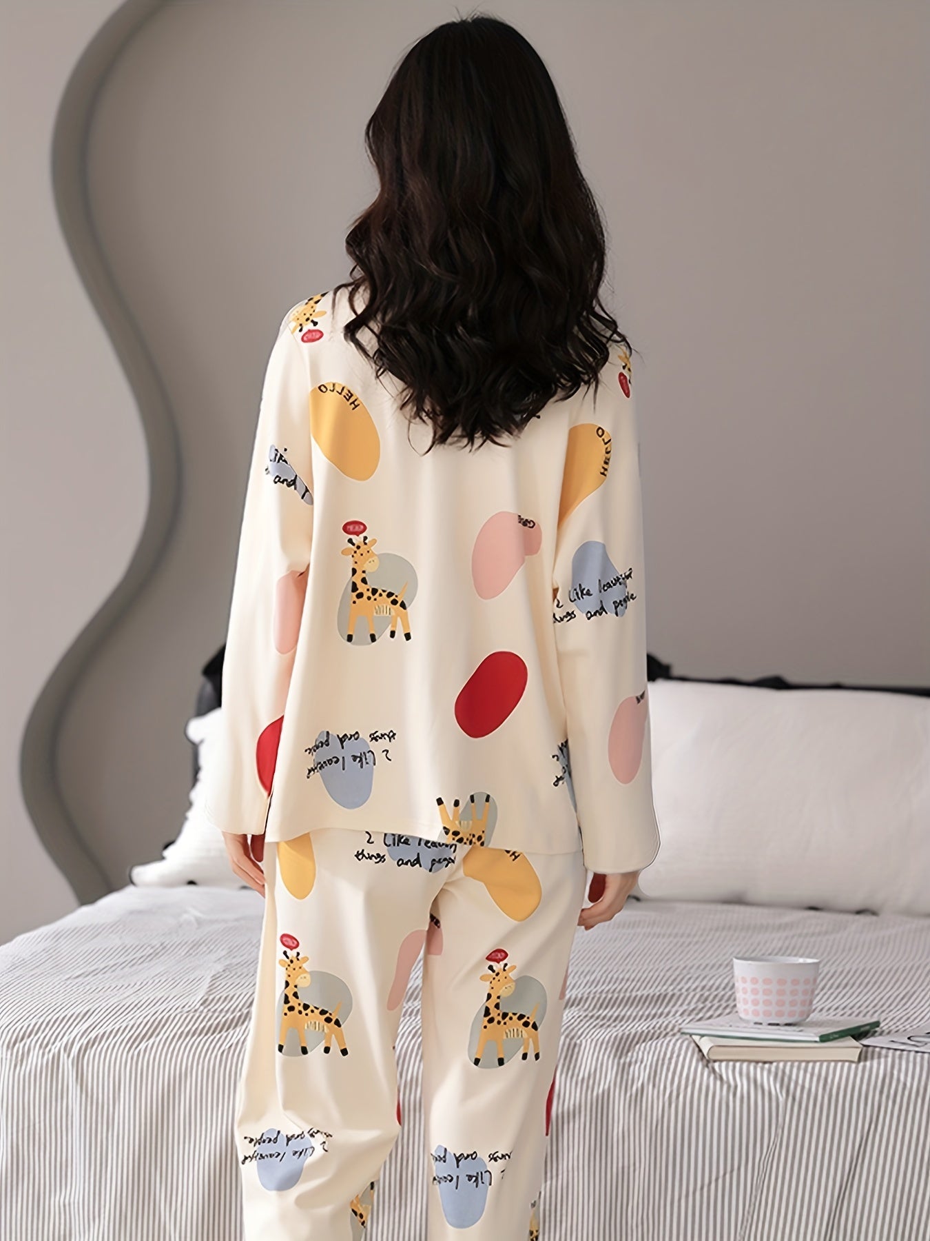 Nine 11 Cartoon Fawn Print Pajama Set, Crew Neck Long Sleeve Top & Elastic Waistband Pants, Women's Sleepwear & Loungewear - Nine 11