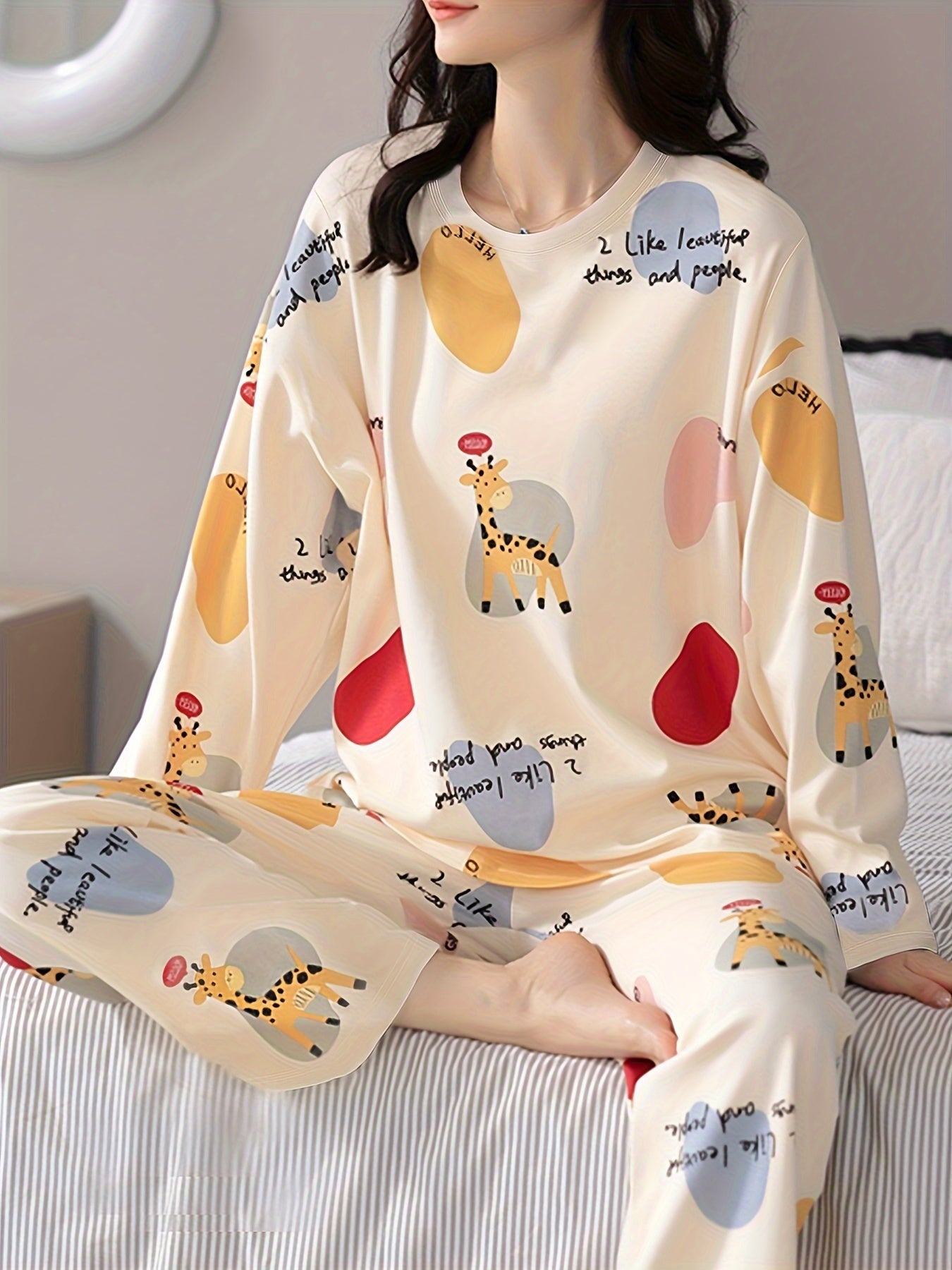 Nine 11 Cartoon Fawn Print Pajama Set, Crew Neck Long Sleeve Top & Elastic Waistband Pants, Women's Sleepwear & Loungewear - Nine 11