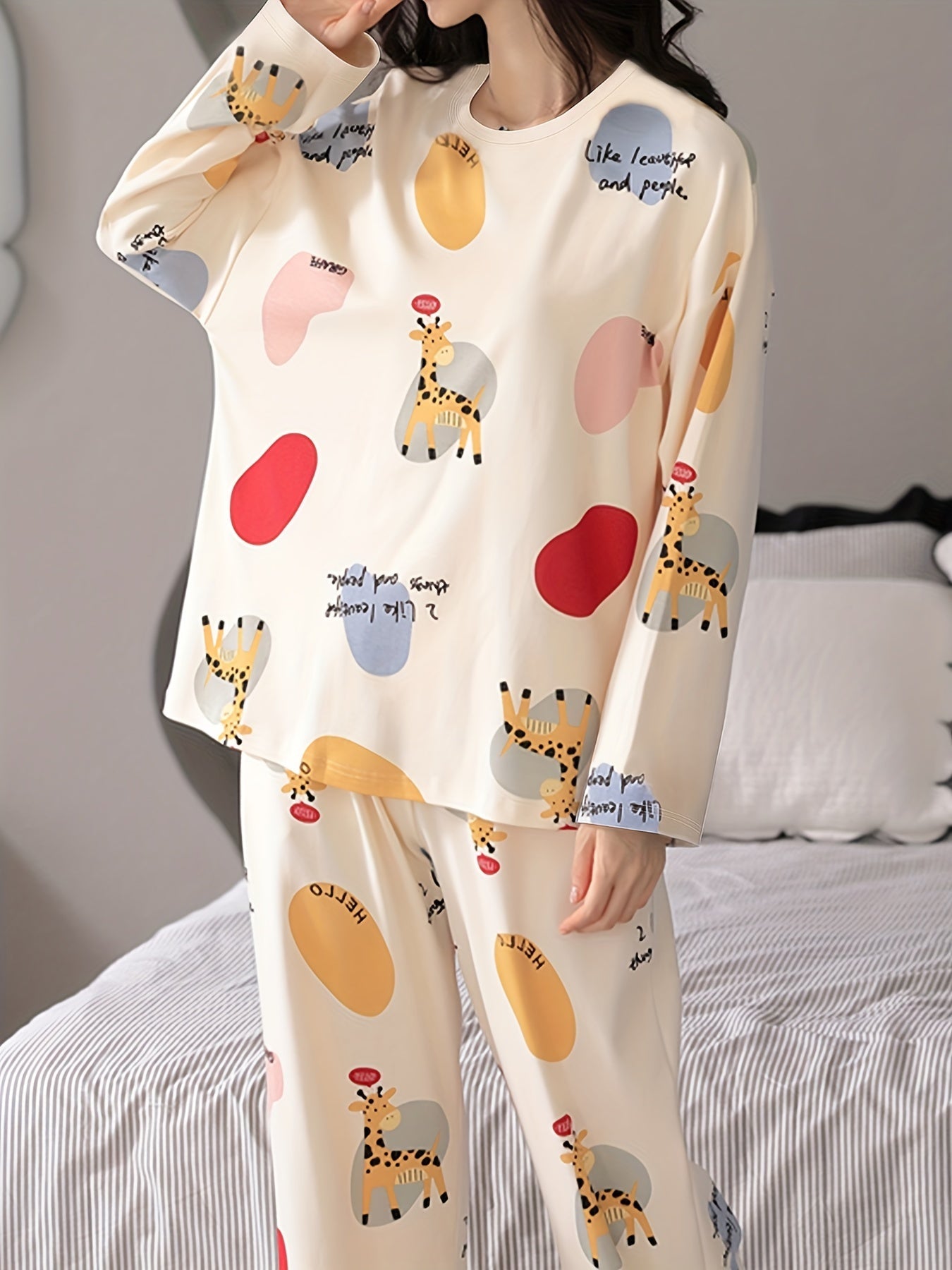 Nine 11 Cartoon Fawn Print Pajama Set, Crew Neck Long Sleeve Top & Elastic Waistband Pants, Women's Sleepwear & Loungewear - Nine 11