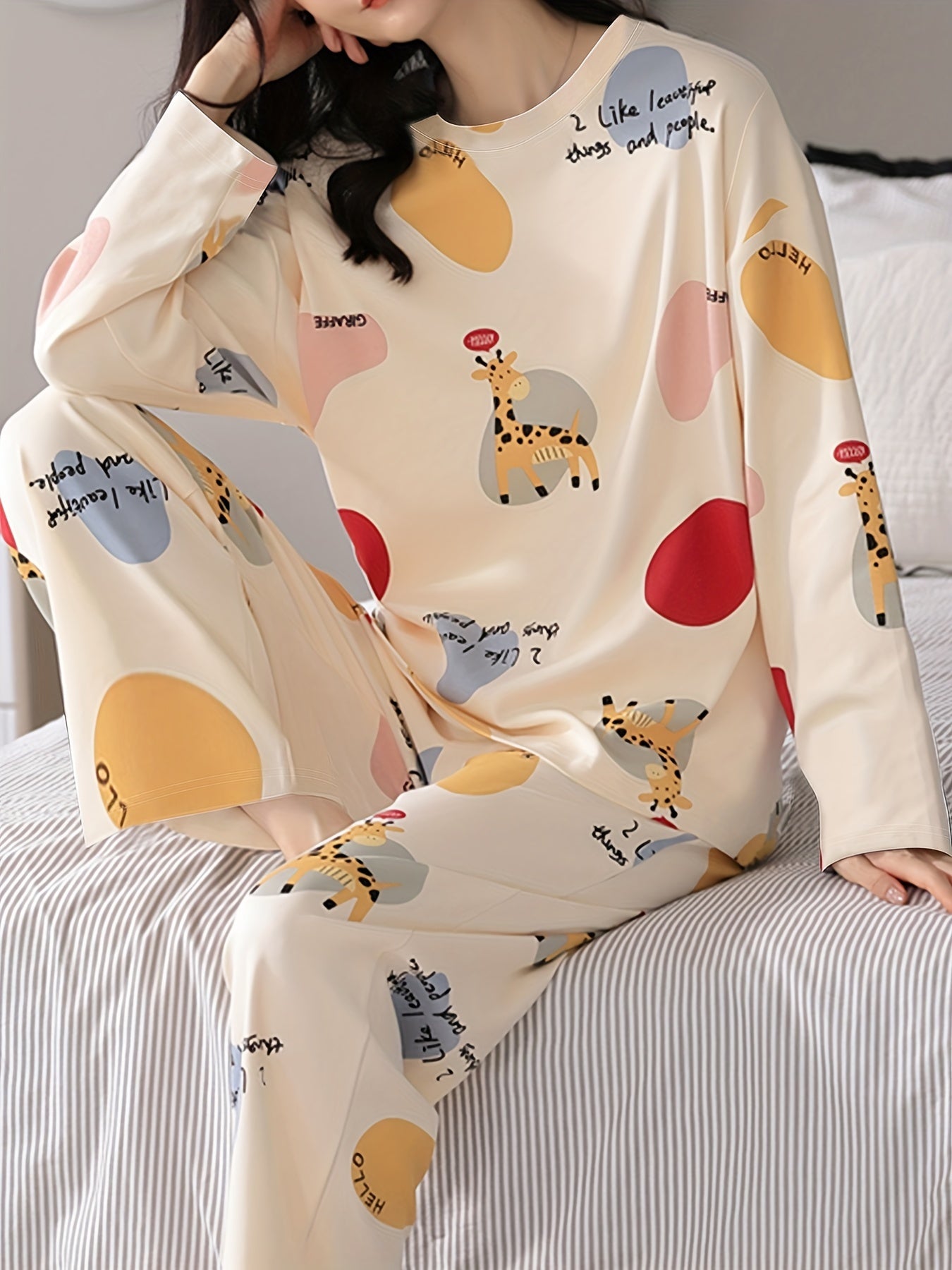 Nine 11 Cartoon Fawn Print Pajama Set, Crew Neck Long Sleeve Top & Elastic Waistband Pants, Women's Sleepwear & Loungewear - Nine 11