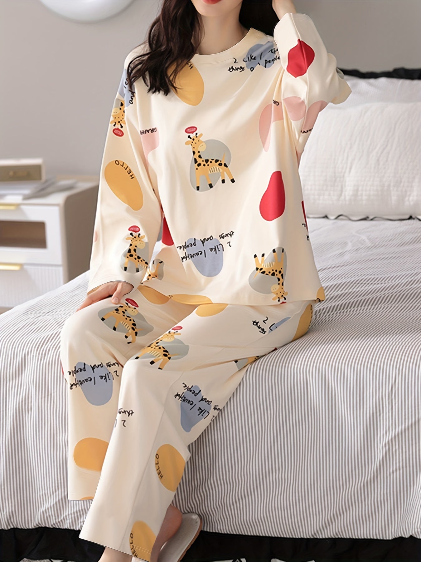 Nine 11 Cartoon Fawn Print Pajama Set, Crew Neck Long Sleeve Top & Elastic Waistband Pants, Women's Sleepwear & Loungewear - Nine 11