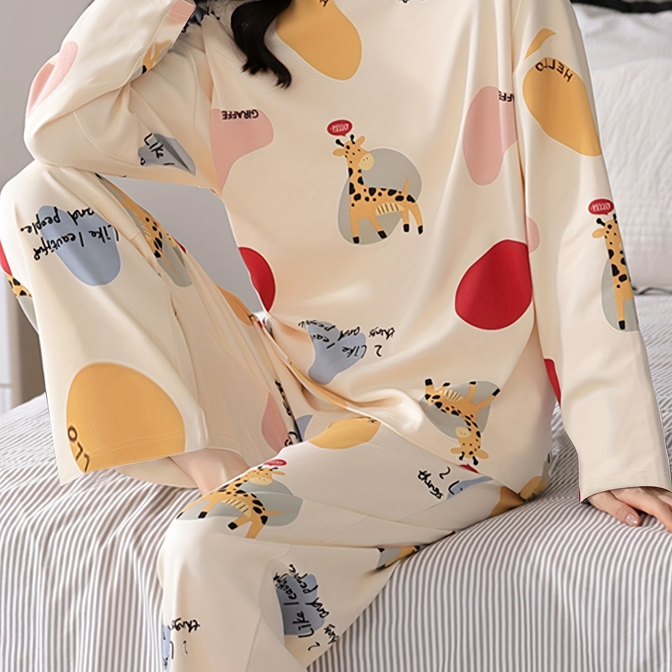 Nine 11 Cartoon Fawn Print Pajama Set, Crew Neck Long Sleeve Top & Elastic Waistband Pants, Women's Sleepwear & Loungewear - Nine 11