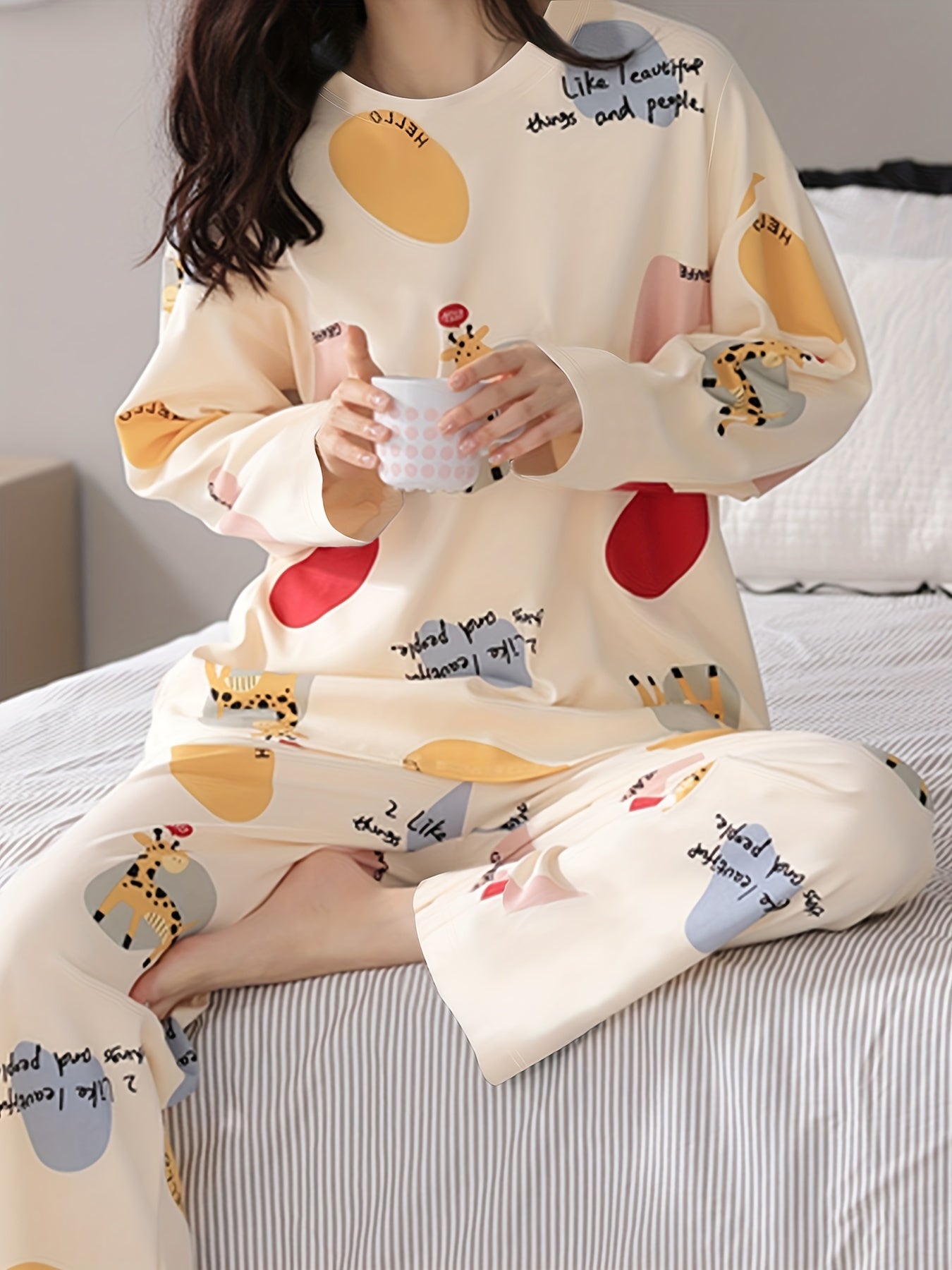 Nine 11 Cartoon Fawn Print Pajama Set, Crew Neck Long Sleeve Top & Elastic Waistband Pants, Women's Sleepwear & Loungewear - Nine 11