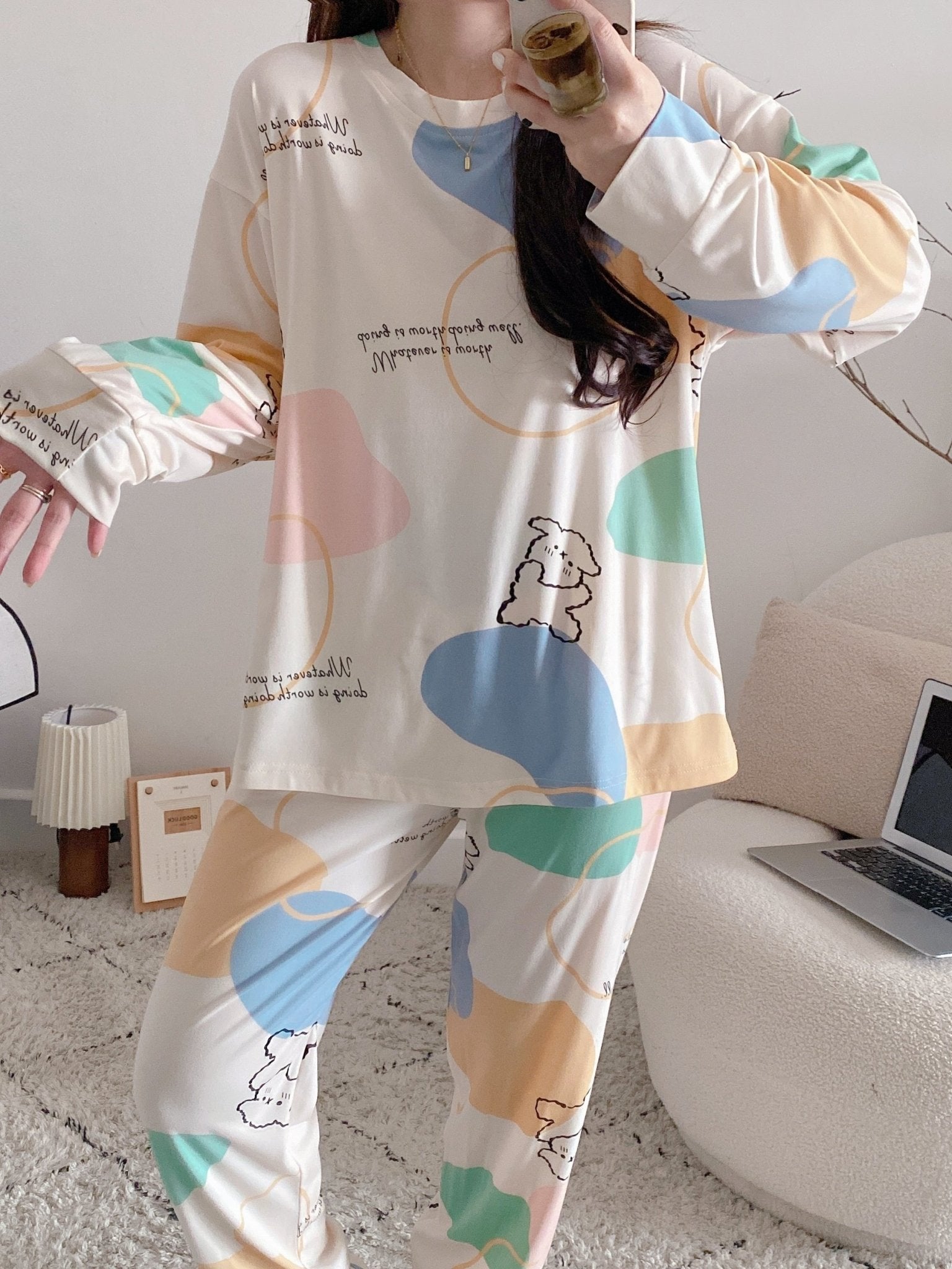 Nine 11 Cute Bear & Letter Print Pajama Set, Long Sleeve Crew Neck Top & Elastic Pants, Women's Sleepwear & Loungewear - Perfect For Fall - Nine 11