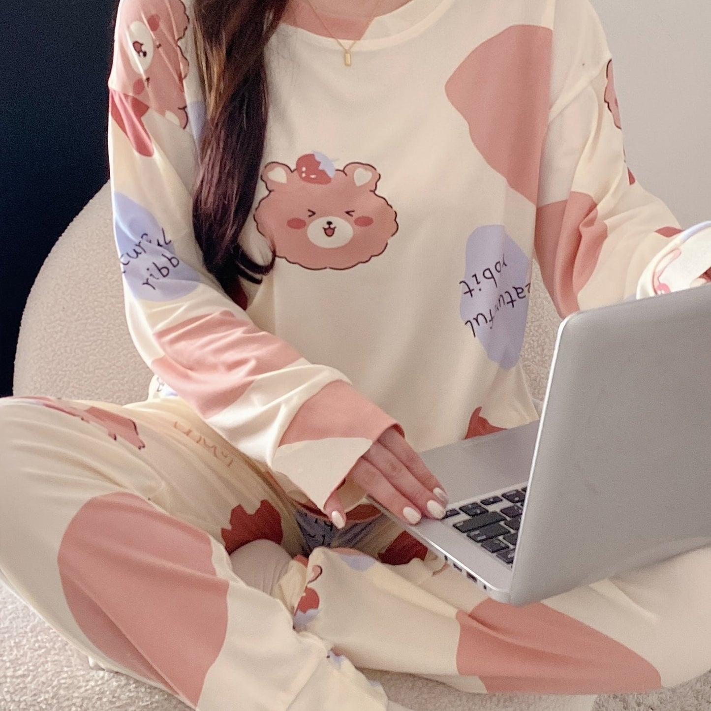 Nine 11 Cute Bear & Letter Print Pajama Set, Long Sleeve Crew Neck Top & Elastic Pants, Women's Sleepwear & Loungewear - Perfect For Fall - Nine 11