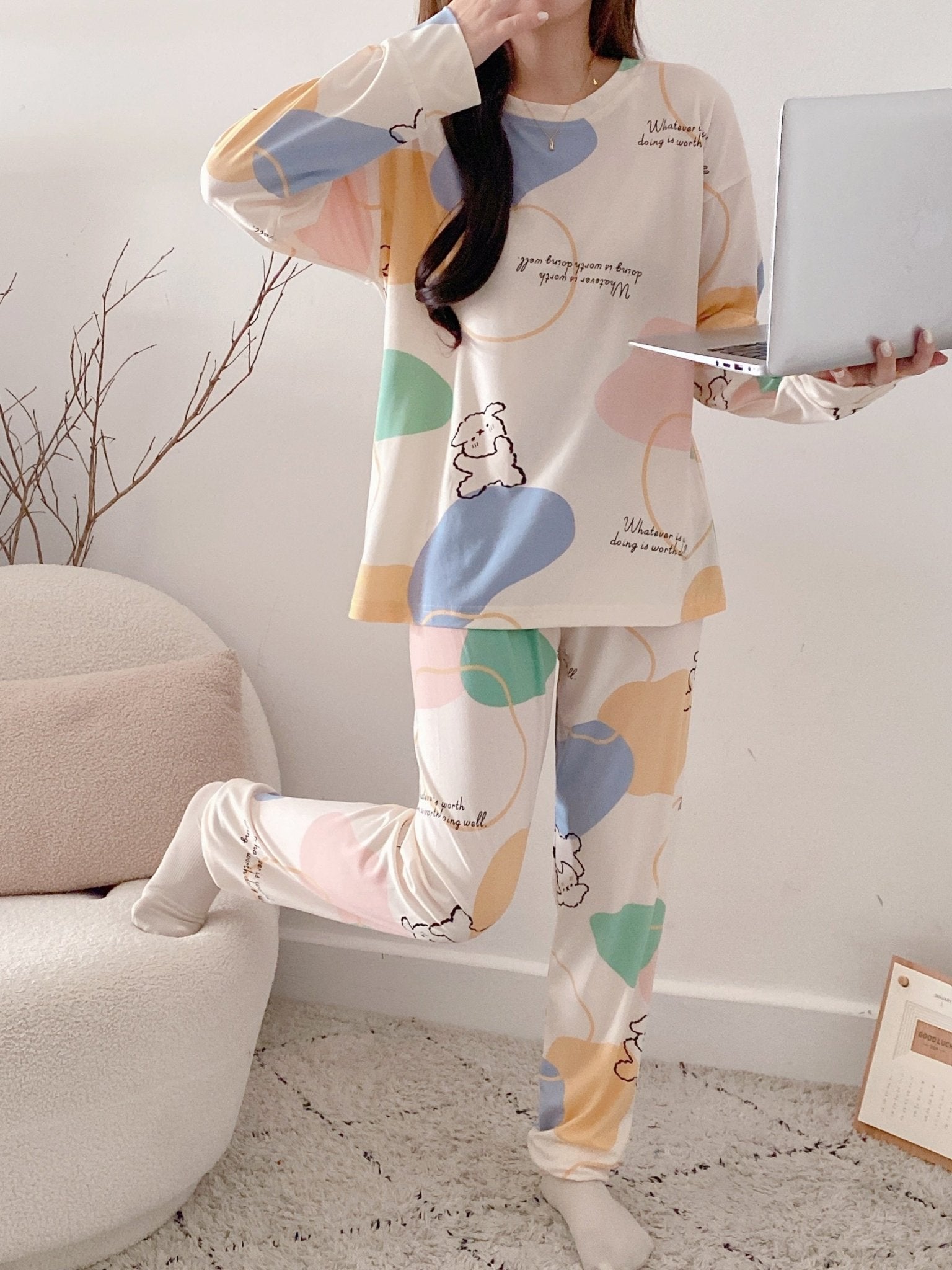 Nine 11 Cute Bear & Letter Print Pajama Set, Long Sleeve Crew Neck Top & Elastic Pants, Women's Sleepwear & Loungewear - Perfect For Fall - Nine 11