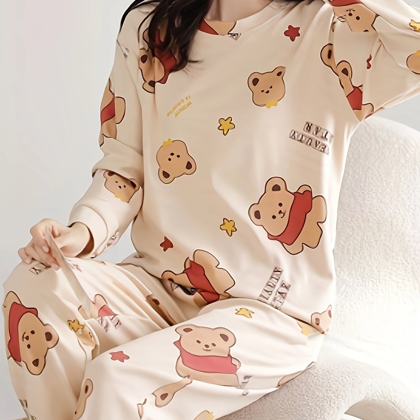 Nine 11 Cute Bear & Letter Print Pajama Set, Long Sleeve Crew Neck Top & Elastic Pants, Women's Sleepwear & Loungewear - Perfect For Fall - Nine 11