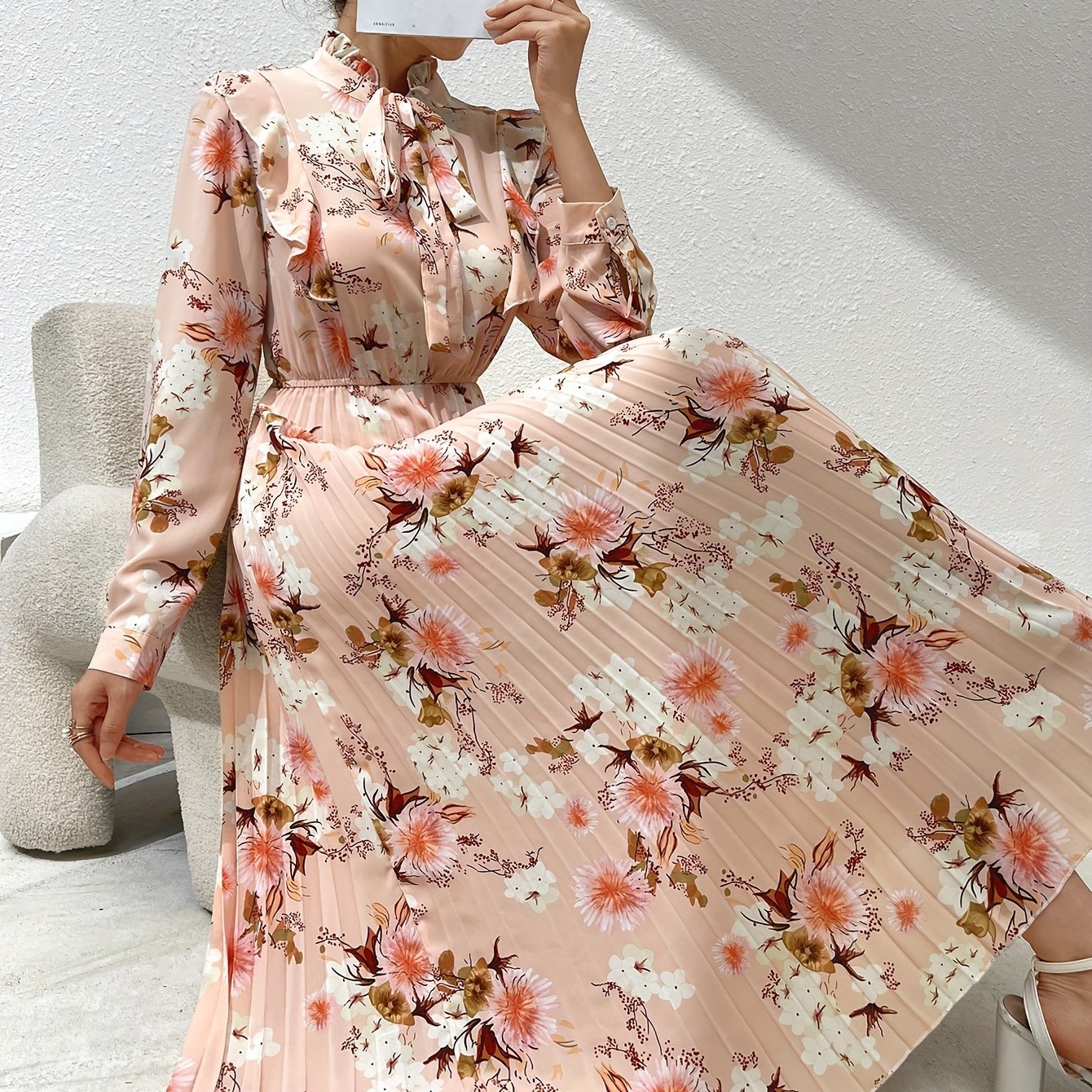 Nine 11 Elegant Floral Pleated Maxi Dress - Long Sleeve, Mock Neck, Non - Stretch Polyester - Perfect for All Seasons - Nine 11