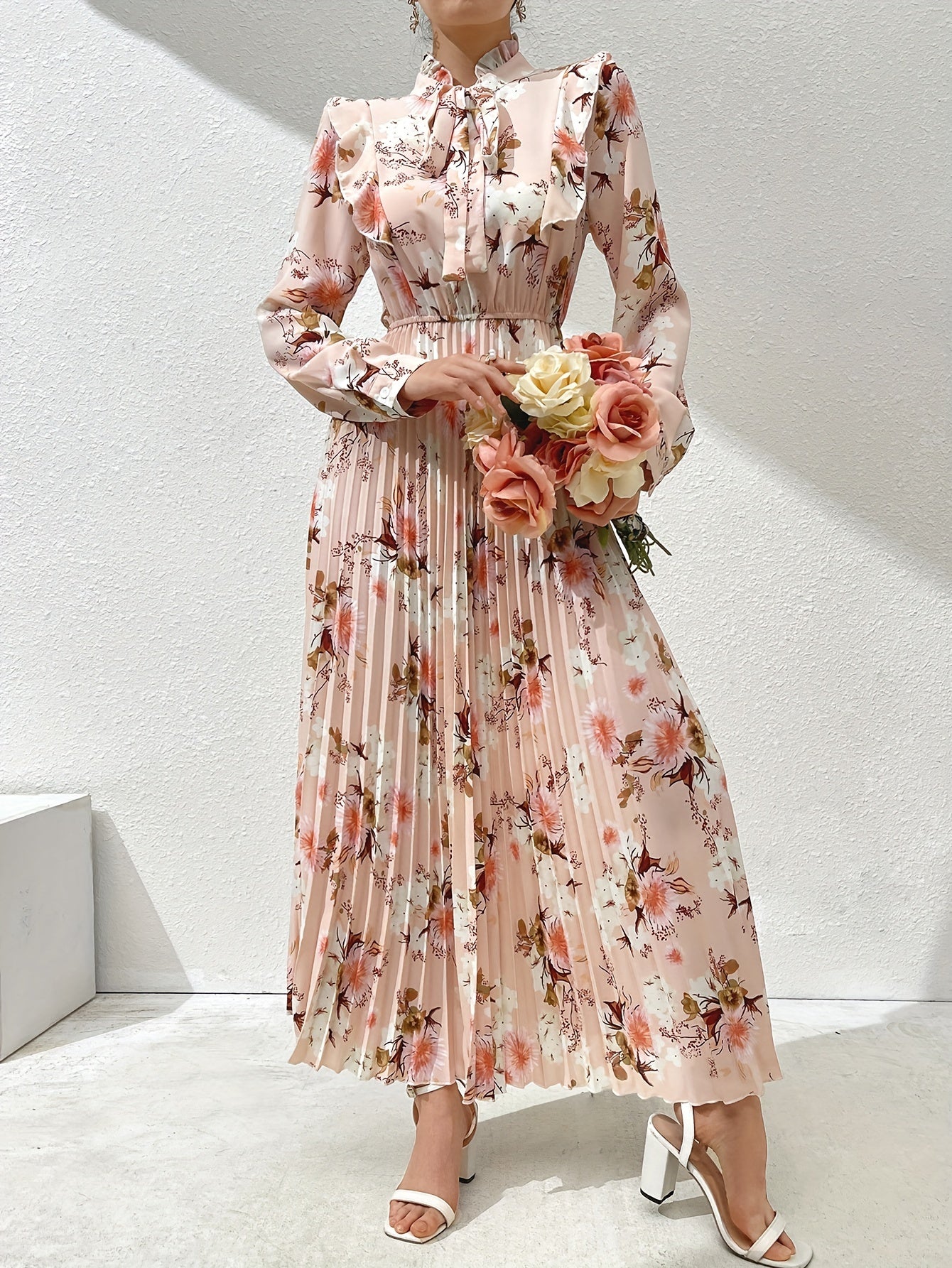 Nine 11 Elegant Floral Pleated Maxi Dress - Long Sleeve, Mock Neck, Non - Stretch Polyester - Perfect for All Seasons - Nine 11