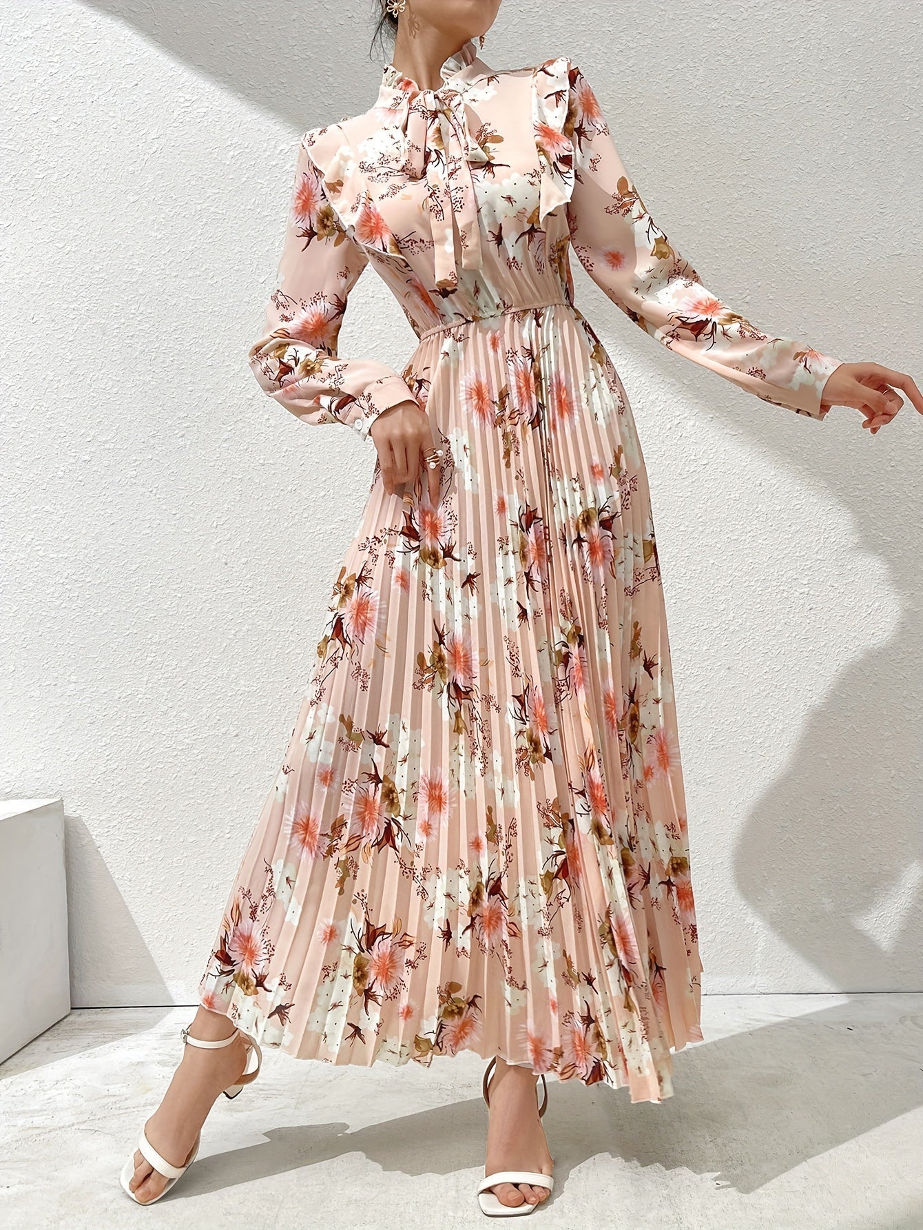 Nine 11 Elegant Floral Pleated Maxi Dress - Long Sleeve, Mock Neck, Non - Stretch Polyester - Perfect for All Seasons - Nine 11