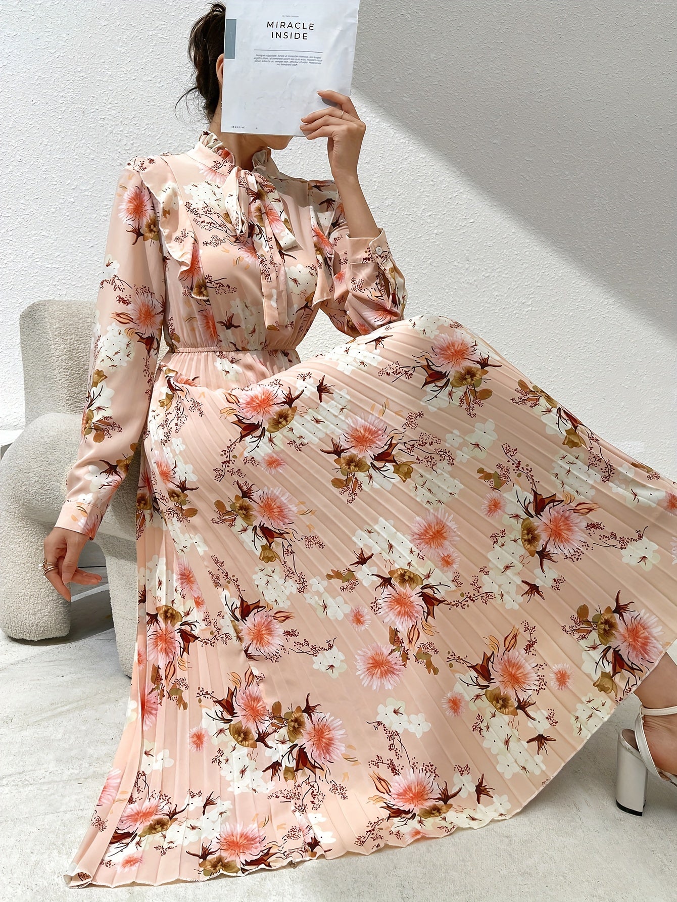 Nine 11 Elegant Floral Pleated Maxi Dress - Long Sleeve, Mock Neck, Non - Stretch Polyester - Perfect for All Seasons - Nine 11