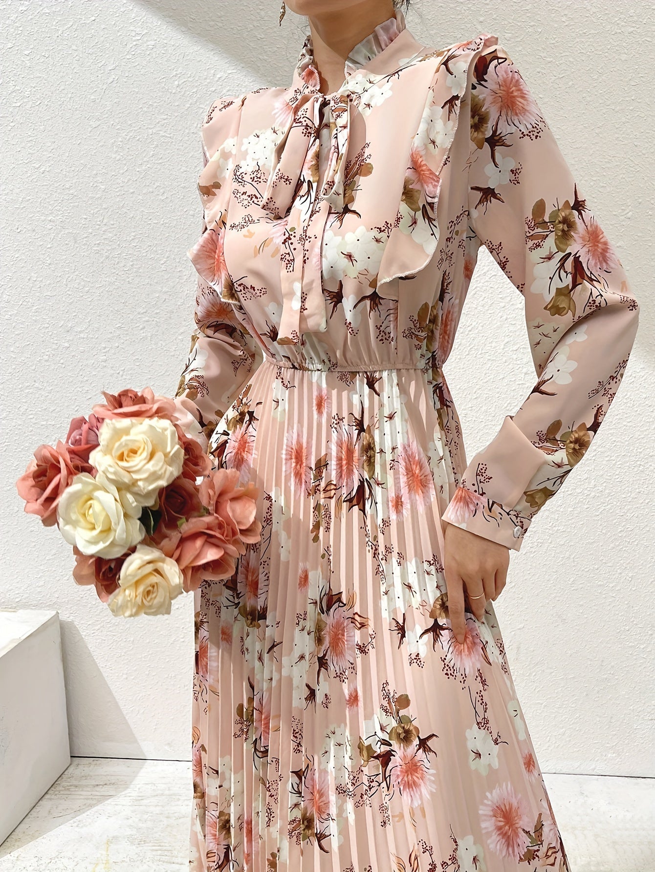 Nine 11 Elegant Floral Pleated Maxi Dress - Long Sleeve, Mock Neck, Non - Stretch Polyester - Perfect for All Seasons - Nine 11