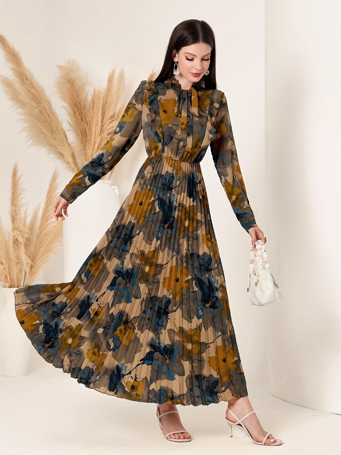 Nine 11 Elegant Floral Pleated Maxi Dress - Long Sleeve, Tie - Neck, Non - Stretch Polyester - Perfect for All Seasons - Nine 11