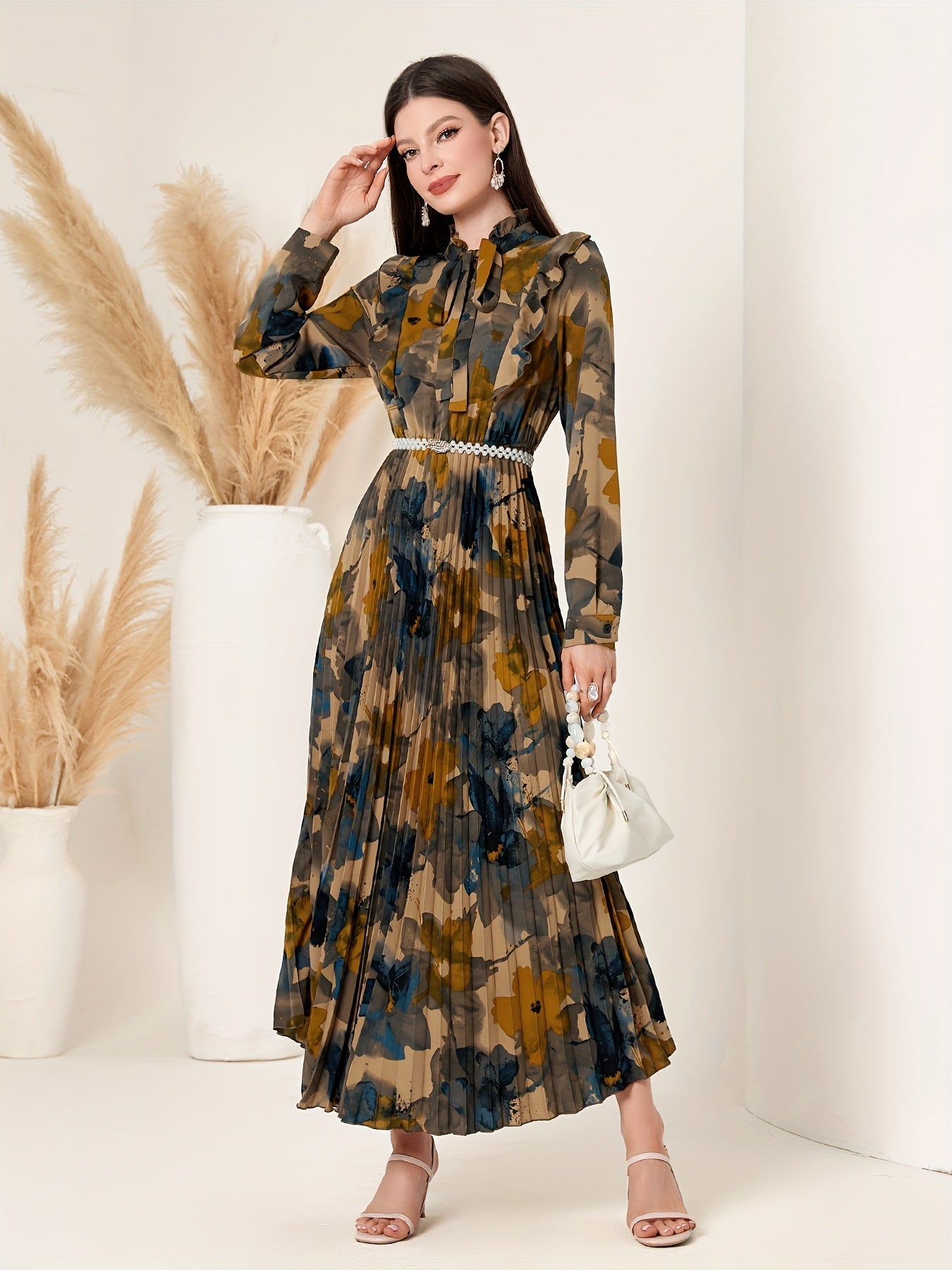 Nine 11 Elegant Floral Pleated Maxi Dress - Long Sleeve, Tie - Neck, Non - Stretch Polyester - Perfect for All Seasons - Nine 11