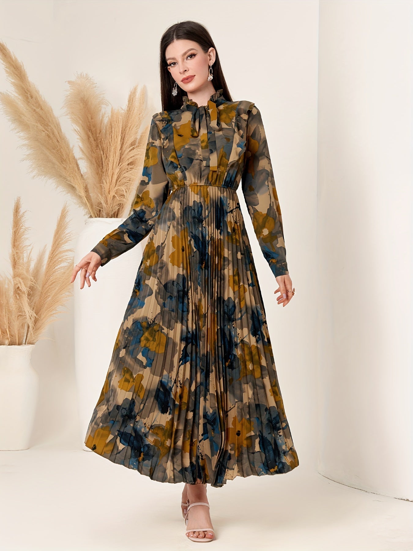 Nine 11 Elegant Floral Pleated Maxi Dress - Long Sleeve, Tie - Neck, Non - Stretch Polyester - Perfect for All Seasons - Nine 11