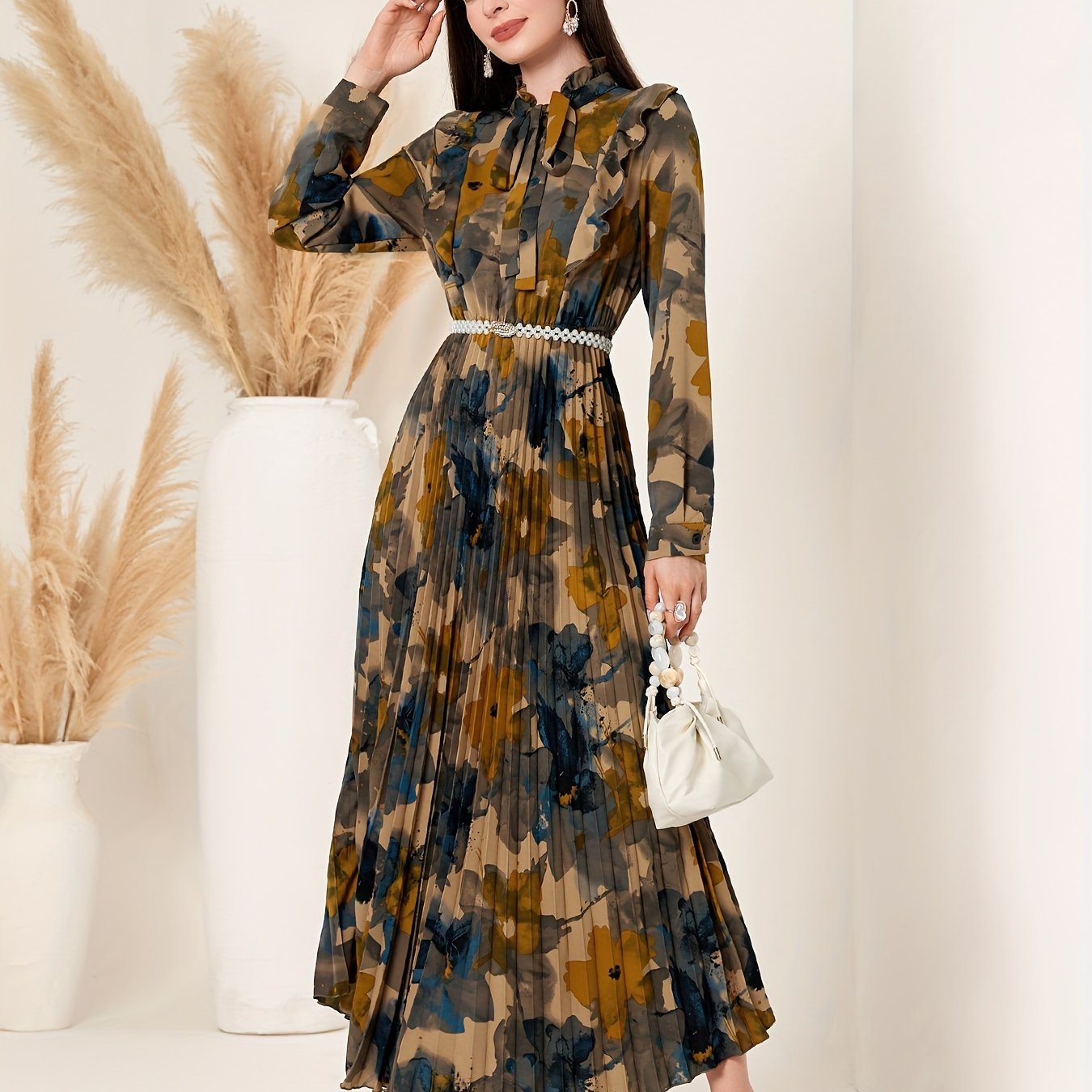 Nine 11 Elegant Floral Pleated Maxi Dress - Long Sleeve, Tie - Neck, Non - Stretch Polyester - Perfect for All Seasons - Nine 11