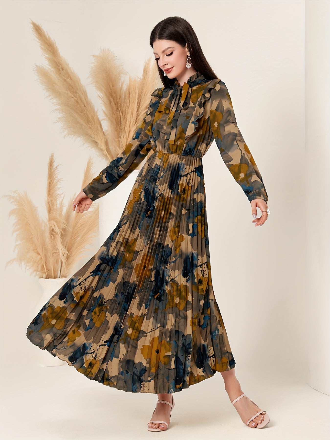 Nine 11 Elegant Floral Pleated Maxi Dress - Long Sleeve, Tie - Neck, Non - Stretch Polyester - Perfect for All Seasons - Nine 11