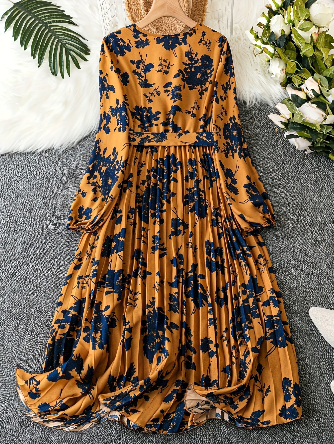 Nine 11 Elegant Floral Print V - Neck Lantern Sleeve Midi Dress with Belt for Women - 100% Polyester Middle East Style A - Line Pleated Skirt Knee - Length Dress with Ball Gown Hem (All - Season, Woven, Belted Detail) - Nine 11