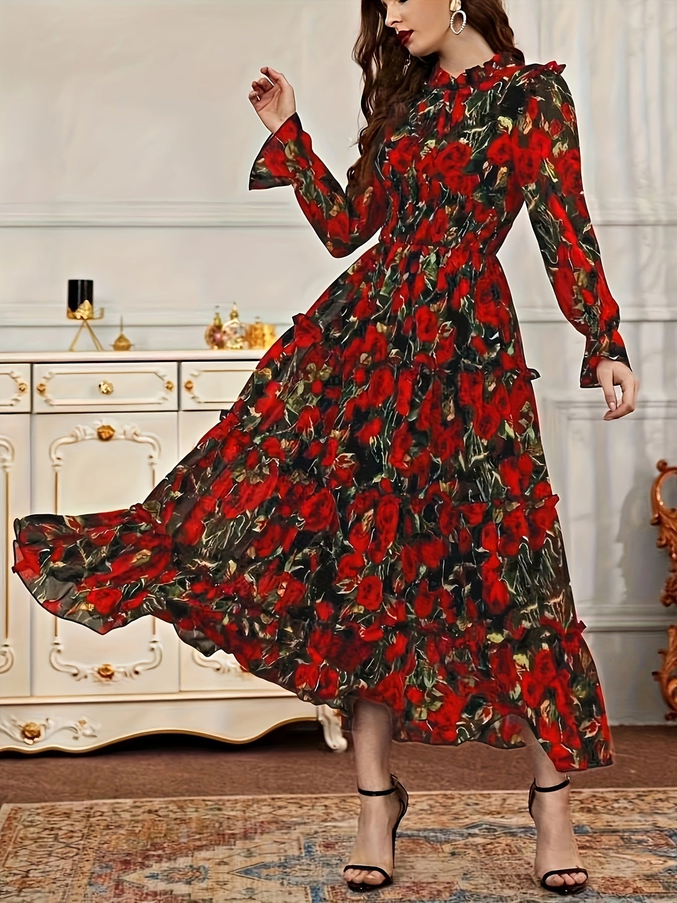 Nine 11 Floral Print A - line Dress, Elegant Tiered Long Sleeve Dress For Spring & Fall, Women's Clothing - Nine 11