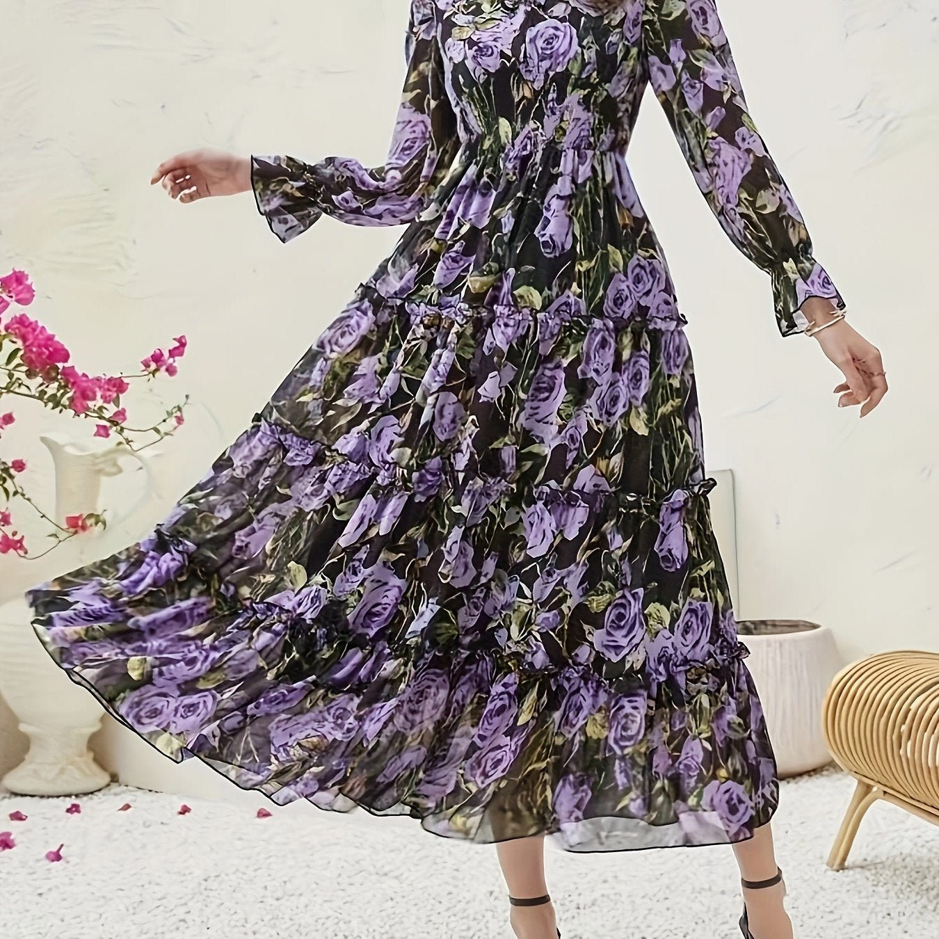 Nine 11 Floral Print A - line Dress, Elegant Tiered Long Sleeve Dress For Spring & Fall, Women's Clothing - Nine 11