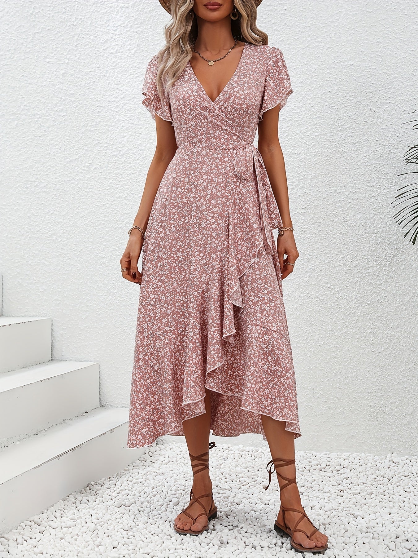 Nine 11 Floral Print Surplice Neck Tied Dress, Casual Flutter Sleeve Ruffle Hem Dress For Spring & Summer, Women's Clothing - Nine 11