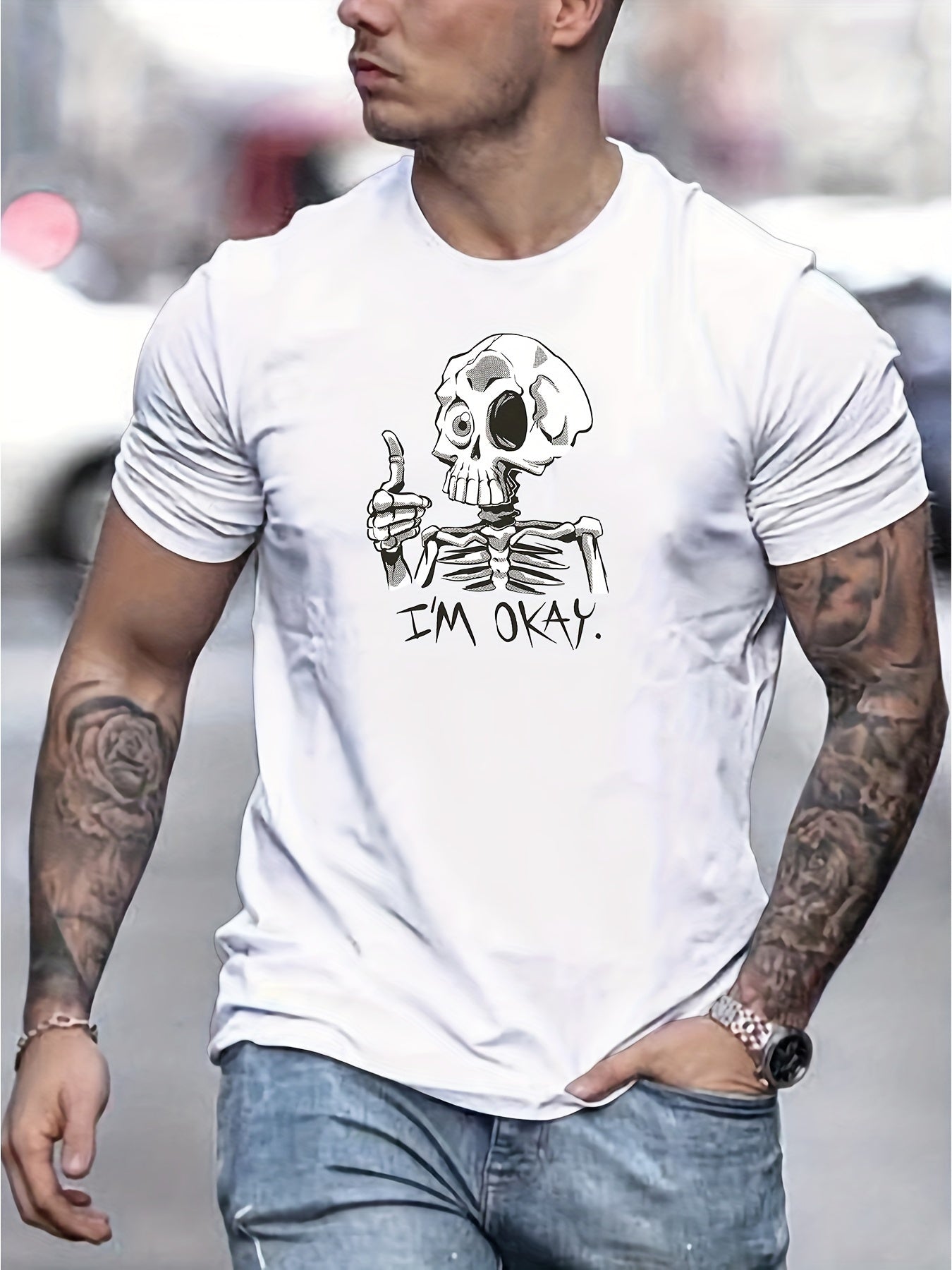 Nine 11 I'M OKAY Creative Print Stylish Cotton T-shirt For Men, Casual Summer Top, Comfortable And Fashion Crew Neck Short Sleeve, Suitable For Daily Wear - Nine 11