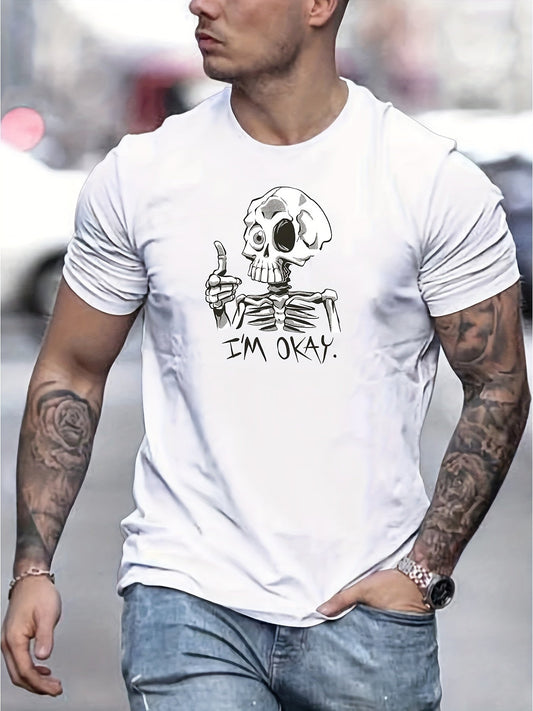 Nine 11 I'M OKAY Creative Print Stylish Cotton T-shirt For Men, Casual Summer Top, Comfortable And Fashion Crew Neck Short Sleeve, Suitable For Daily Wear - Nine 11