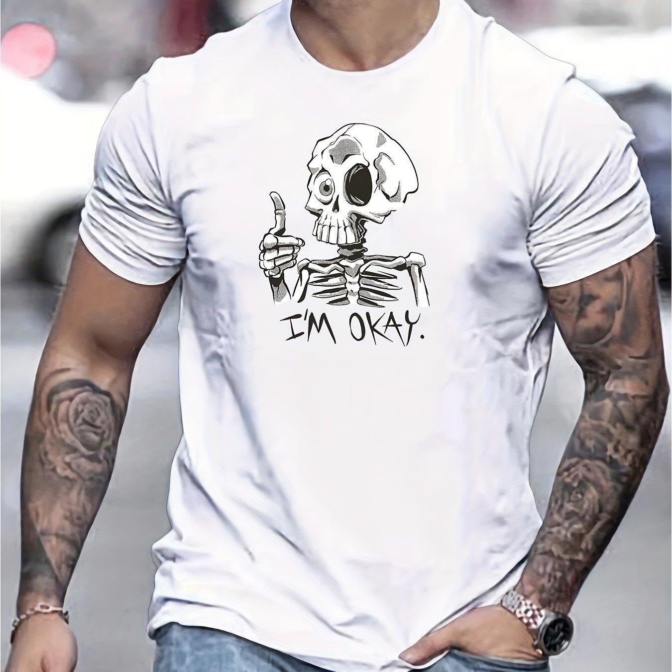 Nine 11 I'M OKAY Creative Print Stylish Cotton T-shirt For Men, Casual Summer Top, Comfortable And Fashion Crew Neck Short Sleeve, Suitable For Daily Wear - Nine 11