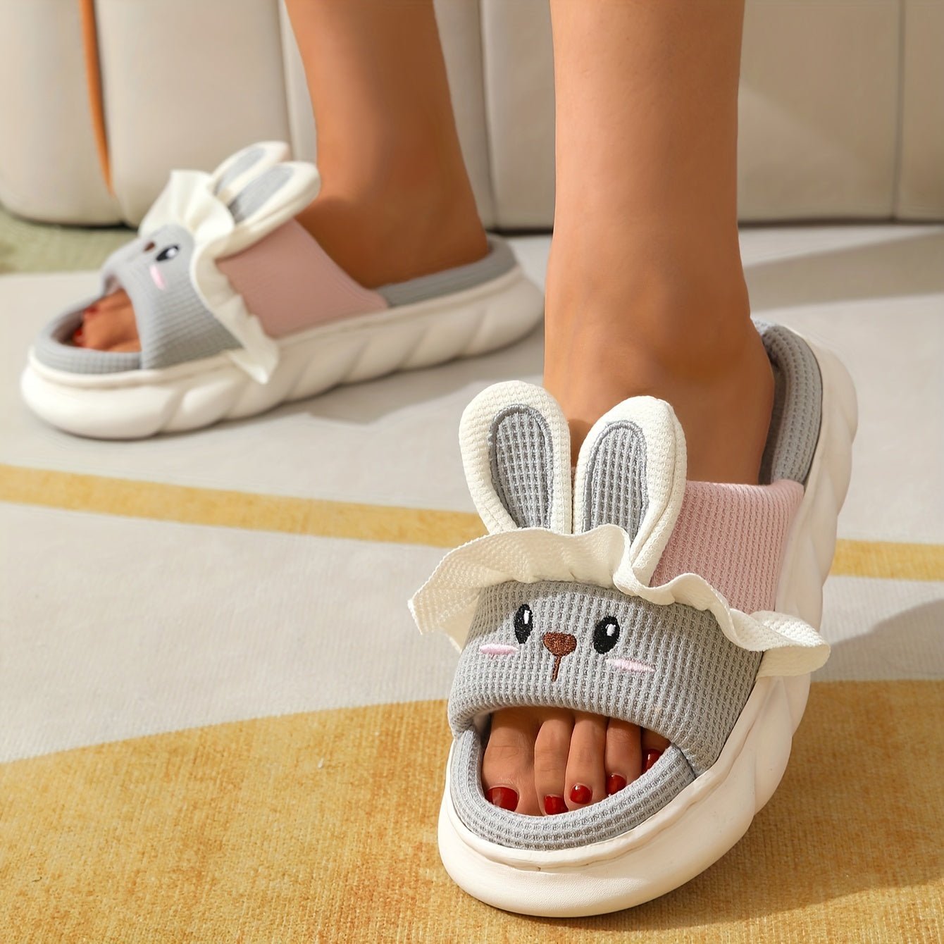 Nine 11 Kawaii Bunny House Slippers, Breathable Open Toe Soft Sole Flatform Shoes, Comfy Indoor Slippers - Nine 11