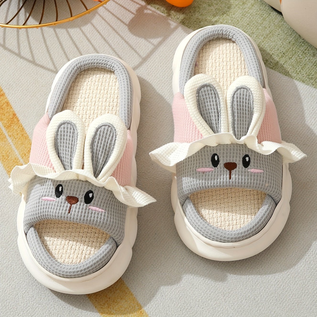 Nine 11 Kawaii Bunny House Slippers, Breathable Open Toe Soft Sole Flatform Shoes, Comfy Indoor Slippers - Nine 11